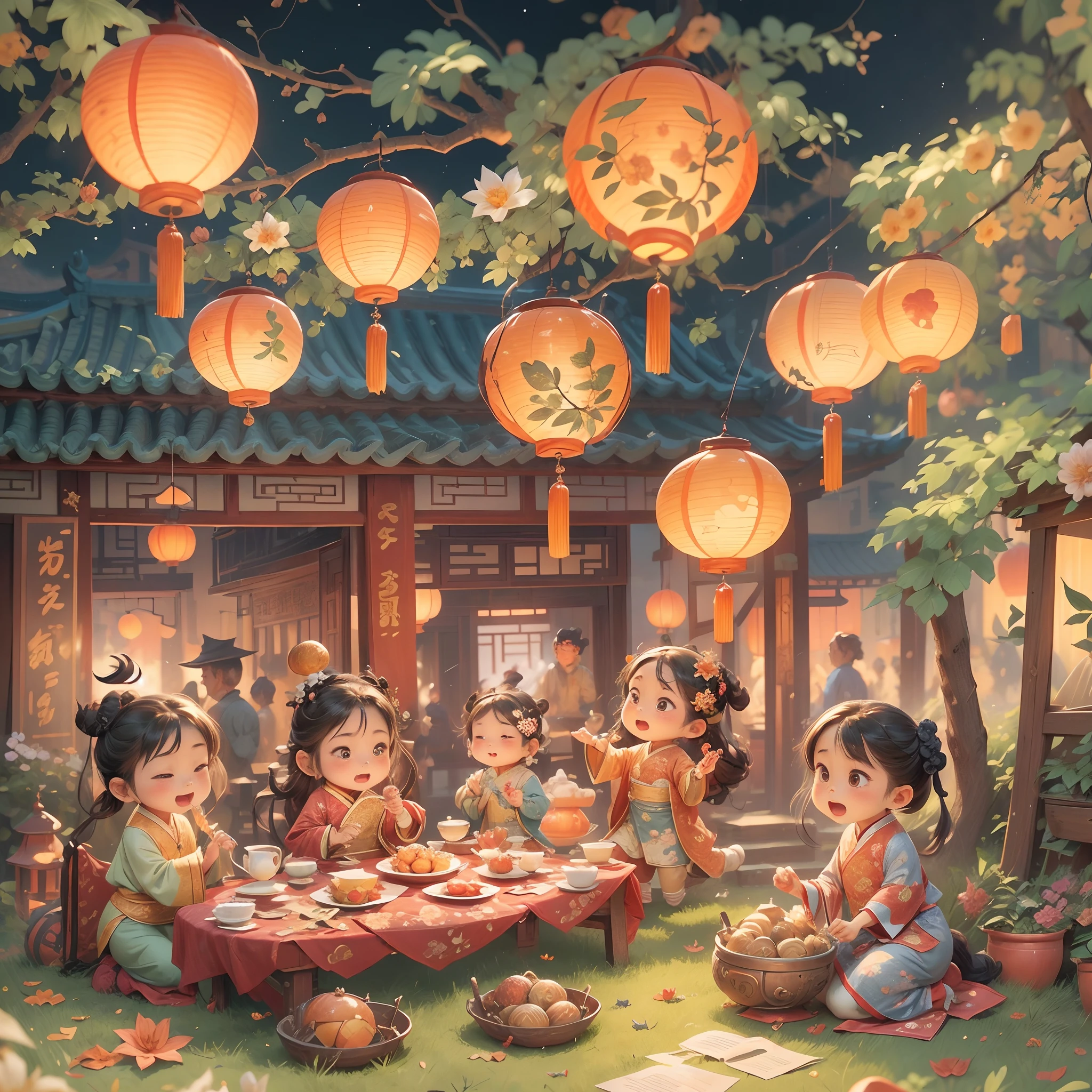 （China - chic Mid-Autumn Night，Clear moonlight sprinkles on the earth，The entire village is shrouded in a soft silvery glow。Mid-Autumn Festival，Traditional activities。On the square，The man with the lantern、Carry a small bag，While singing cheerful ballads，While dancing happily。The curves illuminated by the lanterns are intertwined with the figures of the dancers，Like stars twinkling in the night sky。alleys，An ancient temple，This is the place where the moon is worshipped。People with flowers and burning incense，Kneeling reverently in front of the shrine，Best wishes and thanks to Ming Yue。A garden。It is the perfect place to admire the moon，serene environment，Dotted with various flowers and bamboo forests。People sit around the garden，Savor delicious mooncakes，While listening to the psalms sung by the poet，While admiring the bright moon in the sky。Moonlight sprinkles between the sea of flowers。In the corner of the village，I found a tavern。The table is filled with fragrant osmanthus wine，People raise their glasses and drink，Laughter abounds。The fragrance of osmanthus fills the night sky，It brings a rich aroma throughout the night，big breasts enchanting。On this ancient Mid-Autumn Night，Burning lamps、Moon、guessing、A lively scene for traditional events such as drinking osmanthus wine，Mid-Autumn Festival，sweet osmanthus，Oriental elements），（China - Fashion illustration：1.5，Vector painting：1.5），（Chinese colors，senior color matching，vibrant with colors，Colorful，Moon and laurel tree in the background，Bokeh），（brightly，1.4x realism，Hyper-detailing，hyper HD，The is very detailed，reasonable design，Clear lines，High clarity，The best quality，tmasterpiece，offcial art，movie light effect，8K HD resolution），(A complete painting），（Extremely detailed picture），（light and shadow effect），（Movie lighting），（cinema4d），（Light particle tracing），（rendering by octane），（Layered artistic effects），（Best Painting），（Master painting），（8K分辨率），photorealestic，realisticlying