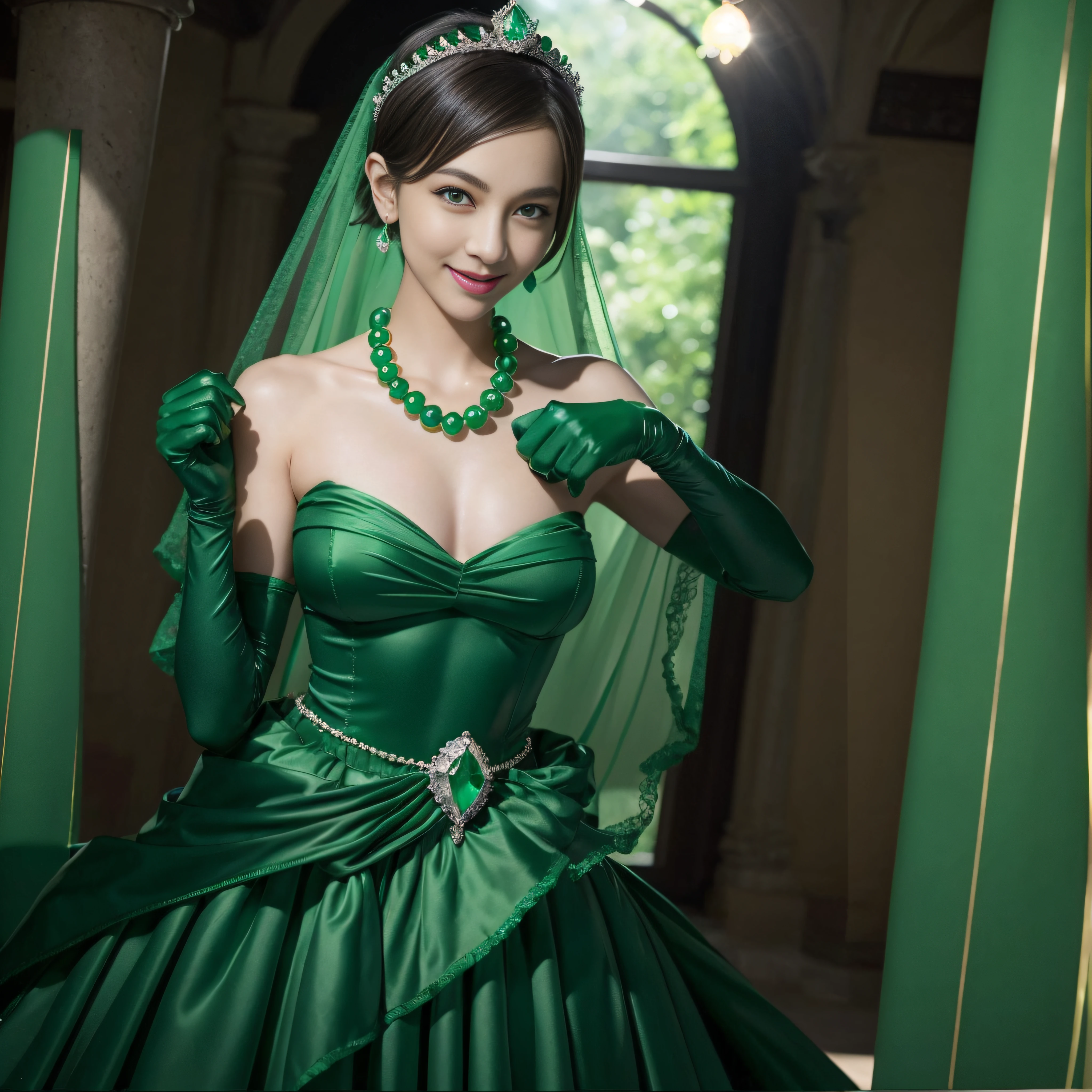 emerald tiara, Green Pearl Necklace, Boyish very short green hair, lipsticks, Japan woman smiling, very short short hair, fist, big breasts beautiful, Green eyes, Long green gloves made of satin material, Green eyes, Emerald Earrings, lesbian ,the kiss