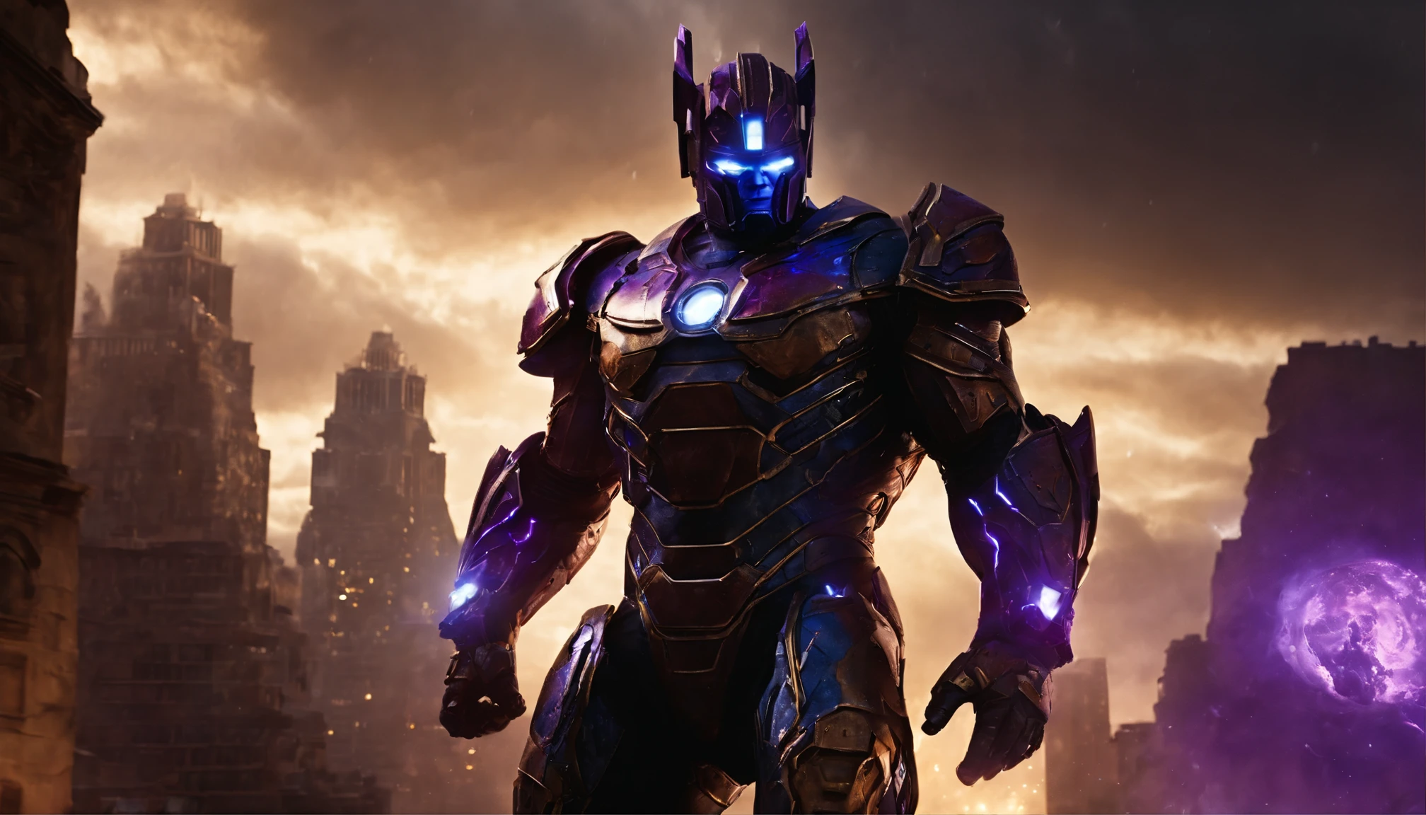 (highres:1.2, realistic, vivid colors), Galactus, the world devourer, in his original form from Marvel Comics, towering above an apocalyptic cityscape, bathed in an otherworldly purple and blue cosmic energy. His immense and muscular figure radiates an intimidating aura, with crackling energy surging through his body. His silver-armored suit glistens under the intense light, accentuating every intricate detail. The cosmic being's piercing eyes glow with an ominous yellow hue, displaying his godlike power and ancient wisdom. As Galactus reaches out with his colossal hand, the buildings below crumble and disintegrate, symbolizing his insatiable hunger for planetary energy. The city lies in ruins, with smoke billowing from crumbling skyscrapers and flames engulfing the remains of civilization. Thick storm clouds gather above, adding an atmosphere of impending doom. The scene is illuminated by celestial light, casting long shadows and highlighting the devastation caused by Galactus' presence.