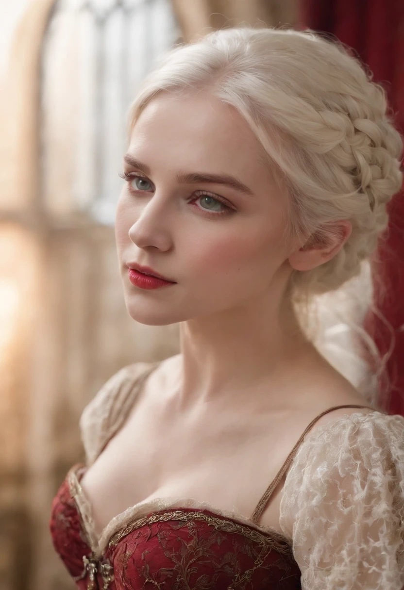 A deep red gash cuts across her left cheek. Pale complexion, a woman around 19 years old, natural white hair, unique green eyes, wearing a corset, slender and graceful figure, beautiful bare feet, candlelight in a medieval setting, ultra-high definition, realistic focus, medieval female clothing, four-color palette (Scarlet:1.4).