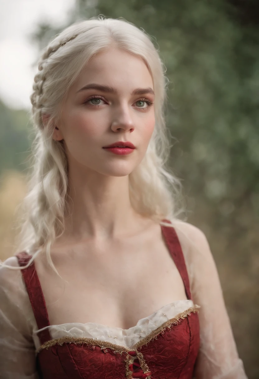A deep red gash cuts across her left cheek. Pale complexion, a woman around 19 years old, natural white hair, unique green eyes, wearing a corset, slender and graceful figure, beautiful bare feet, candlelight in a medieval setting, ultra-high definition, realistic focus, medieval female clothing, four-color palette (Scarlet:1.4).