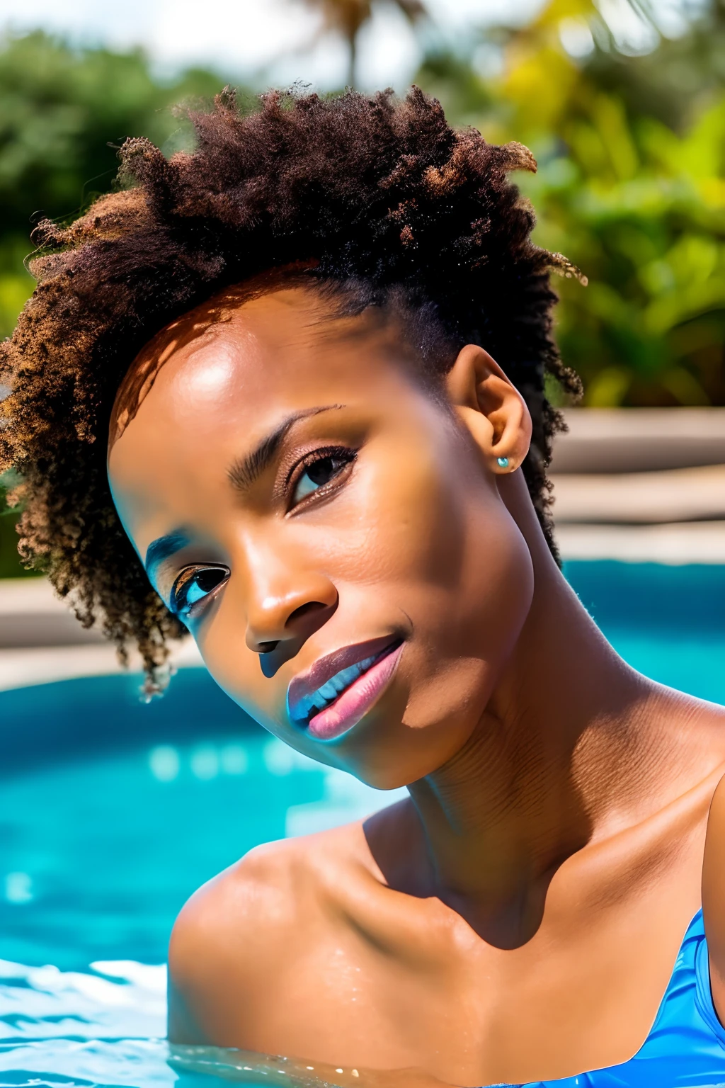 light skinned, yellowbone tswana girl, stunning beauty, ((oversaturated)),  woman, tswana,  woman, maria borges, late morning, selfie of a  woman, light skinned, she is about 40 years old, marvelous expression, stunning photo, sexy swimsuit, inside a 10m x5m swimming pool messy hair