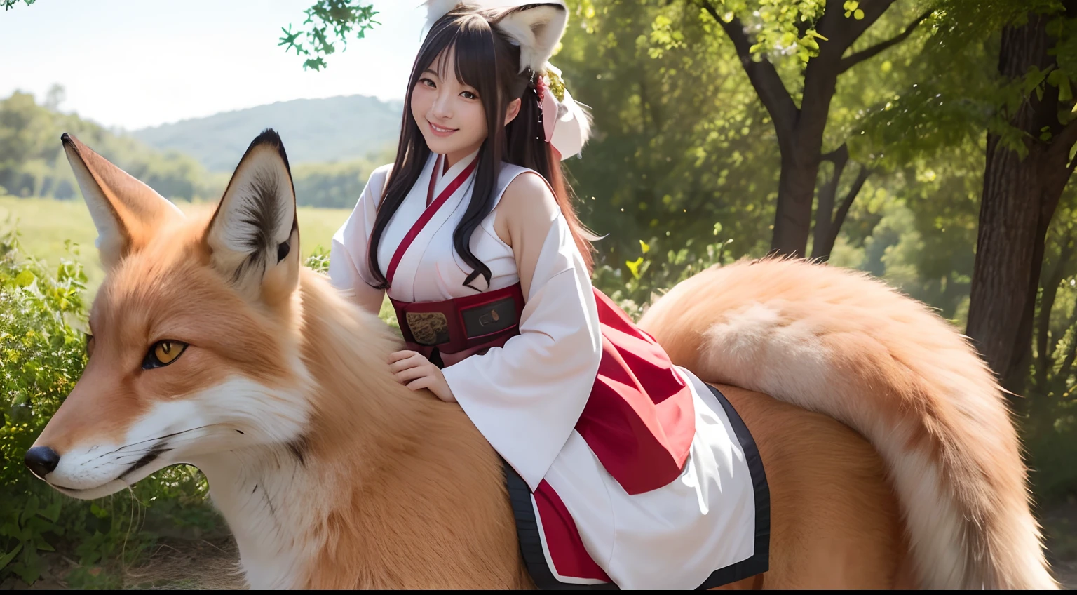 (masutepiece), (Best Quality), Realistic, Photorealism, Big fox,1girl in, Beautiful Girl, Perfect face, Perfect body, Sexy, Girl with fox ears is riding on the back of a big fox, Smile, Hanfu