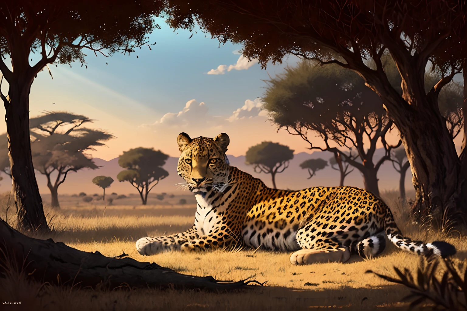 A leopard resting on the branch of a tree in the shade with the African Savannah in the background in cinematic late afternoon light, ultrarealistic, high detail, leopard looking directly at camera