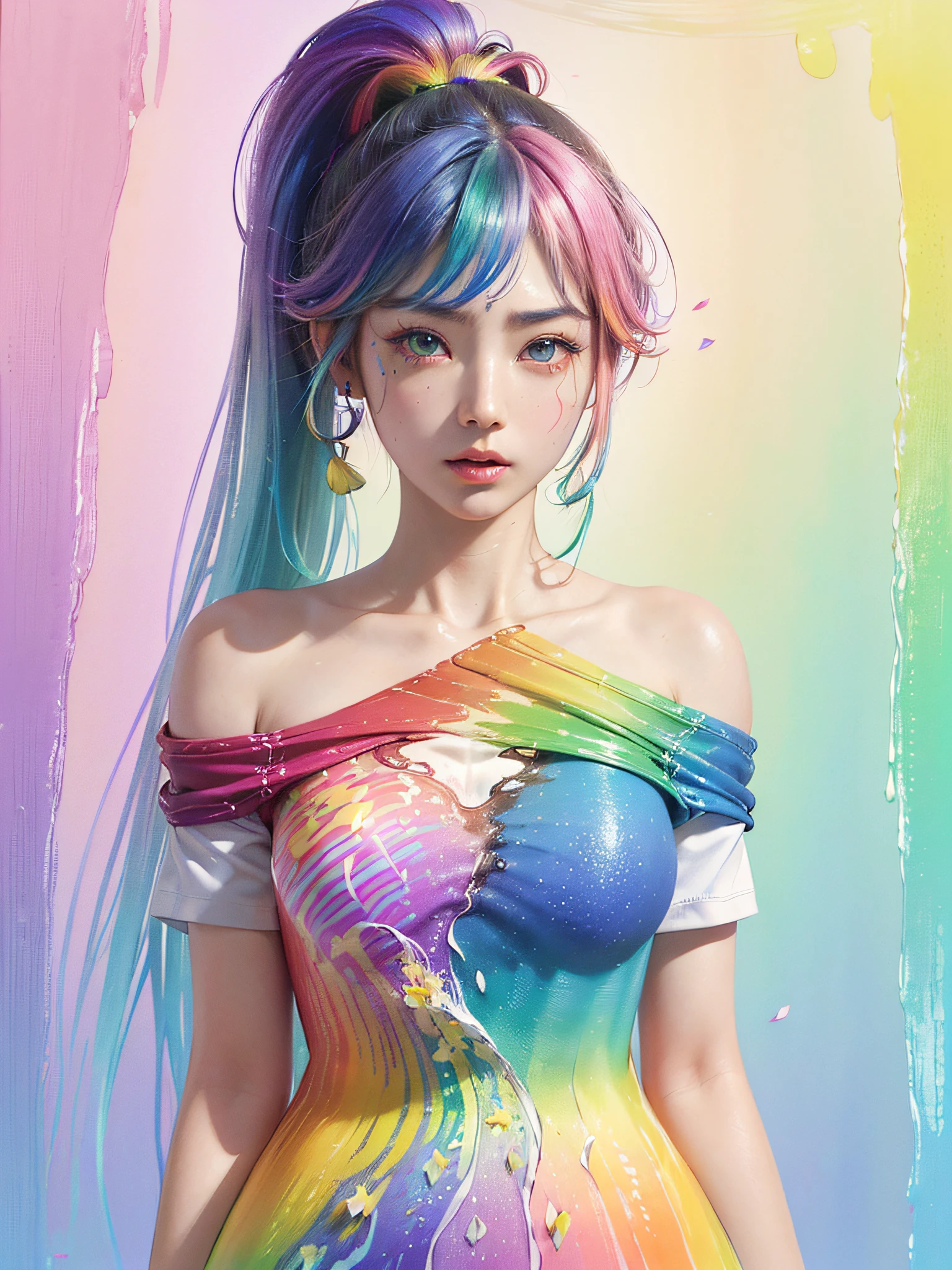 (sfv、masuter piece、Best quality、masutepiece、top-quality、Top image quality、extremely beautiful lady)、(Pink fashion T-shirt:1.9、Show off your beautiful shoulders)、(colorfulhair:1.8)、(all colors of the rainbow:1.8)、((((Vertical painting:1.6、I didn't wear anything in my lower body)))、(painting of a:1.6)、frontage、comic strip、illustratio、painting of a、largeeyes、See-through eyes、(rainbow color gradient high ponytail:1.7)、Exquisite makeup、Mouth closed、(Small Fresh:1.5)、(Wipe Chest:1.6)、long eyelasher、white off-the-shoulder T-shirt、White Shoulder Shirt、looking at viewert、watery big eyes、(Rainbow-colored hair:1.6)、 splash of color, (独奏:1.8), splash of color, Color explosion, Thick Paint Style, Messy lines, ((Shines)), (extremely colorful), (extremely colorful), extremely colorful, extremely colorful, Chic paint style, (Splash) (splash of color), Vertical painting, The upper part of the body, Paint splashes, Acrylic Pigment, gradients, Paint, Top image quality, Top image quality, tmasterpiece, 独奏, depth of fields, facepaint, multicolored clothing, (ellegance: 1.2), Gorgeous,long whitr hair, ventania, (ellegance: 1.3), (Flower petals:1.4)、(((tmasterpiece)))、(((top-quality)))、((ultra - detailed))、(illustratio)、(dynamic ungle)、((Planktonic))、(Paint)、((messy  hair))、(独奏)、(1girl in)、((Detailed anima face)))、((beautifull detailed face))、collars、bare shoulders​、whaite hair、((colorfulhair))、(((striated hair))、beatiful detailed eyes、(Gradient color eyes)、(((Colorful eyes))))、(colourful background))))、((((a high chroma))))、(((Surrounded by colorful splashes)))、pale brown hair、Intense crystal light blue eyes、highlights in the eyes、Look firmly at the camera、((extremely beautiful lady、N SF or anything?、masuter piece、Highest standards、top-quality、Top image quality、超A high resolution、Symmetrical beauty、Add intense highlights to the eyes))、Bold in the crotch、very Bigger breasts、The breast is exposed、Beautiful areola、potruding nipple、(huge-breasted)、porate、perfect angle、acrobatic pose、(Professional quality、A high resolution)、Perfect contrast、Pelf