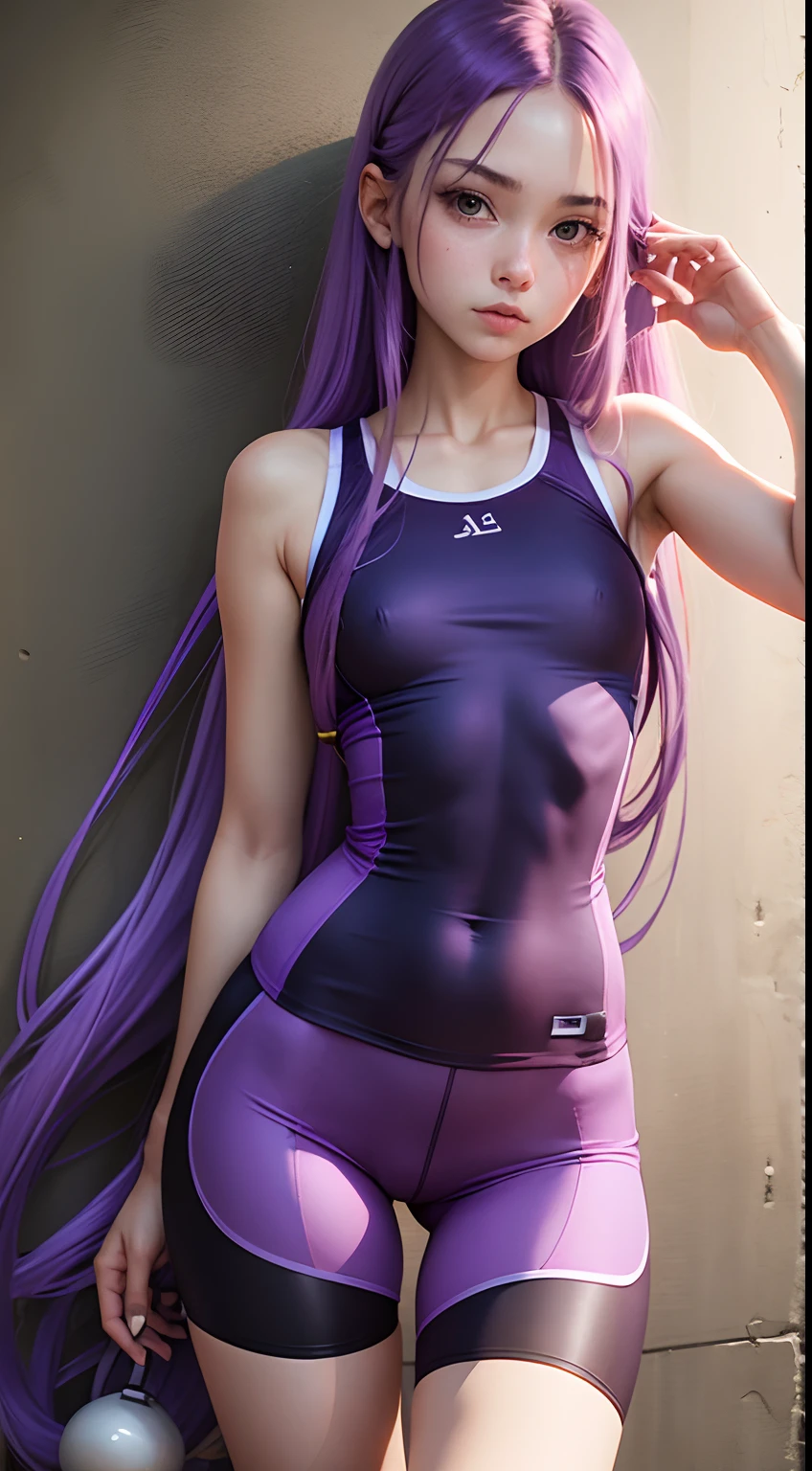 Girl with long purple hair, Slim, cuteface, little chest, Full-length, in long cycling shorts and a sports top