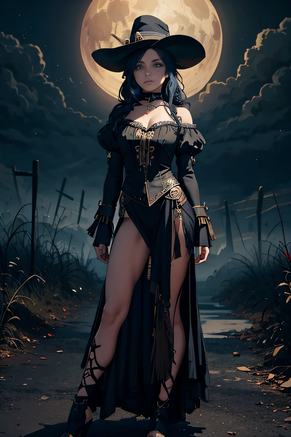 a fantasy Halloween world where the atmosphere is full of magic and mystery. A
bohemian steam punk fashion design full body, stand guard, in the dramatic sky above. This ghost girl's face is a work of art, with precise features that seem to change with each passing moment. See it come to life in an incredibly detailed oil painting, or precisely rendered in a hyperrealistic, Mysterious style