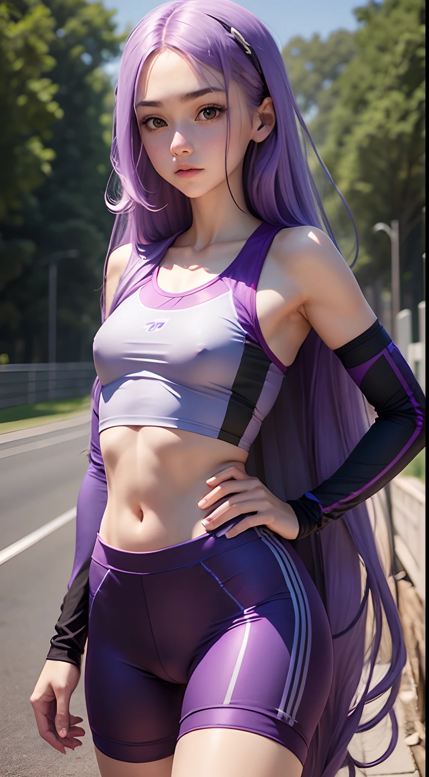 Girl with long purple hair, Slim, cuteface, little chest, Full-length, in long cycling shorts and a sports top