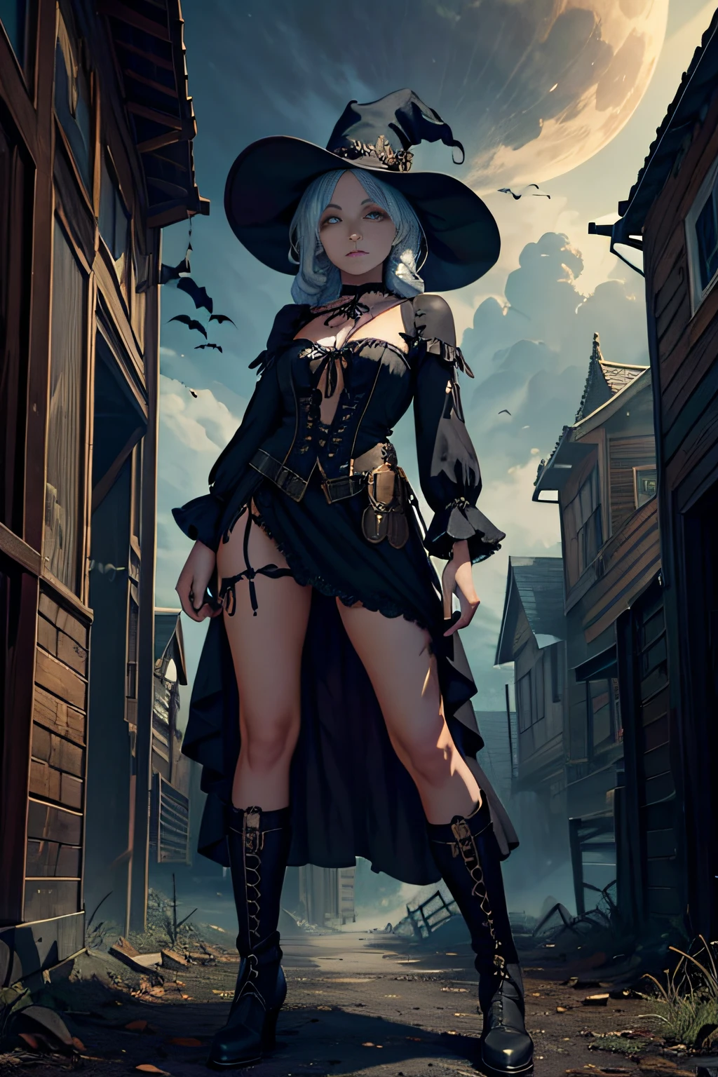 a fantasy Halloween world where the atmosphere is full of magic and mystery. A
bohemian steam punk fashion design full body, stand guard, in the dramatic sky above. This ghost girl's face is a work of art, with precise features that seem to change with each passing moment. See it come to life in an incredibly detailed oil painting, or precisely rendered in a hyperrealistic, Mysterious style