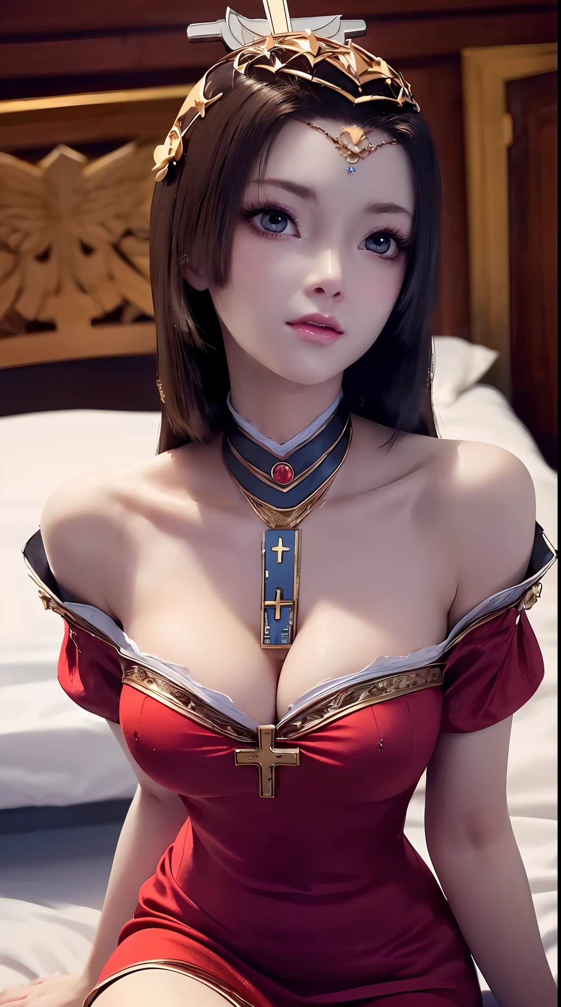 1 extremely beautiful princess, ((wearing a super thin and sexy red short nightgown:1.8)), ((Sexy nightgown with cleavage revealing:1.6)), sexy red lace short nightgown, sexy nightgown style, long shiny black hair, the most beautiful and detailed hair jewelry, beautiful little face thin eyebrows, the most beautiful and spotless face, ((black iris:0.8)), the very beautiful eyes, big round eyes, ((Brown eyes:1.1)), fine and detailed makeup eyelashes, high nose, wearing earrings, small red lips, rosy face, clean face, beautiful face without blemish, smooth white skin, ((big breasts: 0.9)), Blums boobs, ((big and super round breasts:0.9)), ((super tight breasts:1.2)), ((breast augmentation: 0.8)), beautiful breasts, slim and petite body, ((thin waist: 0.9)), upper body of a beautiful girl, sexy girl, ((Sexy position of crawling on the bed:1.6)), ((cross-legged sitting position on the bed:1.7)), ((legs extended to the sides: 1.6)), unashamed, ((chubby body:1.6)), facing the viewer, 8k photo, super high quality, super realistic, 10x super pixels, photo realistic, dark studio, border light, two tone light, (detailed skin high: 1.2), 8k uhd, dslr, soft light, high quality, volumetric light, candid, Photo, high resolution, light, best photo, 4k quality, 8k, Bokeh, Smooth and sharp, pixel up 10 times, lightning, super graphics, the most realistic graphics, (((Luxurious bedroom and bed background: 1.6))), there is only 1 girl, alone, solo, ((frontal portrait:1.5)), Extremely sharp, super realistic images."