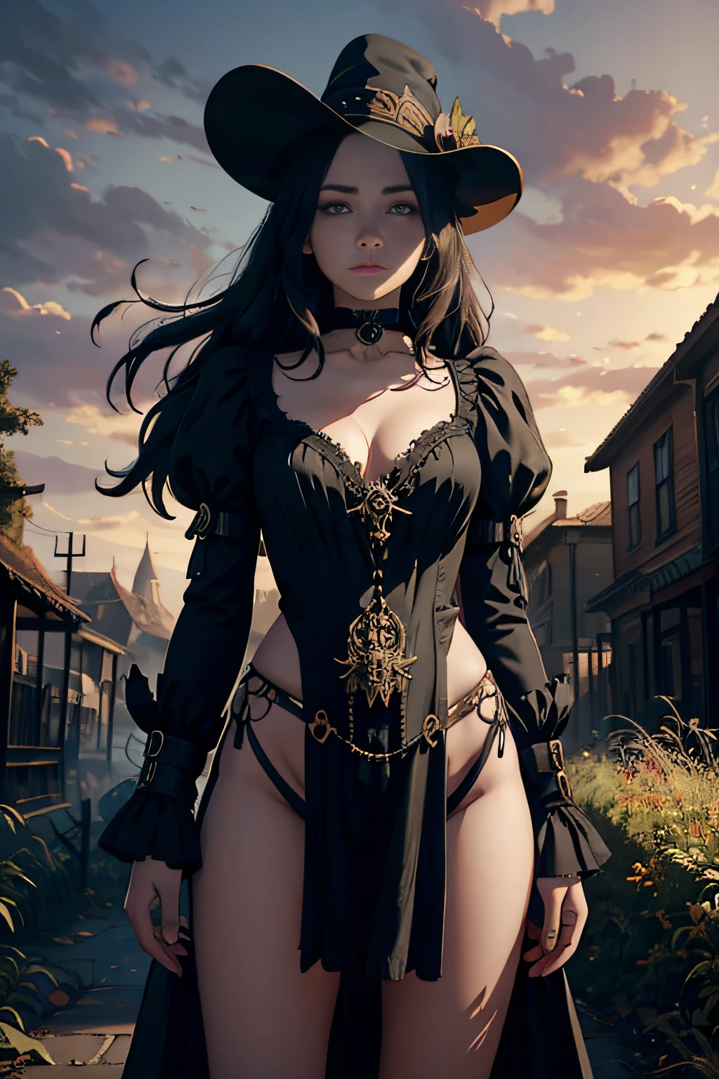 a fantasy Halloween world where the atmosphere is full of magic and mystery. A
bohemian steam punk fashion design full body, stand guard, in the dramatic sky above. This ghost girl's face is a work of art, with precise features that seem to change with each passing moment. See it come to life in an incredibly detailed oil painting, or precisely rendered in a hyperrealistic, Mysterious style