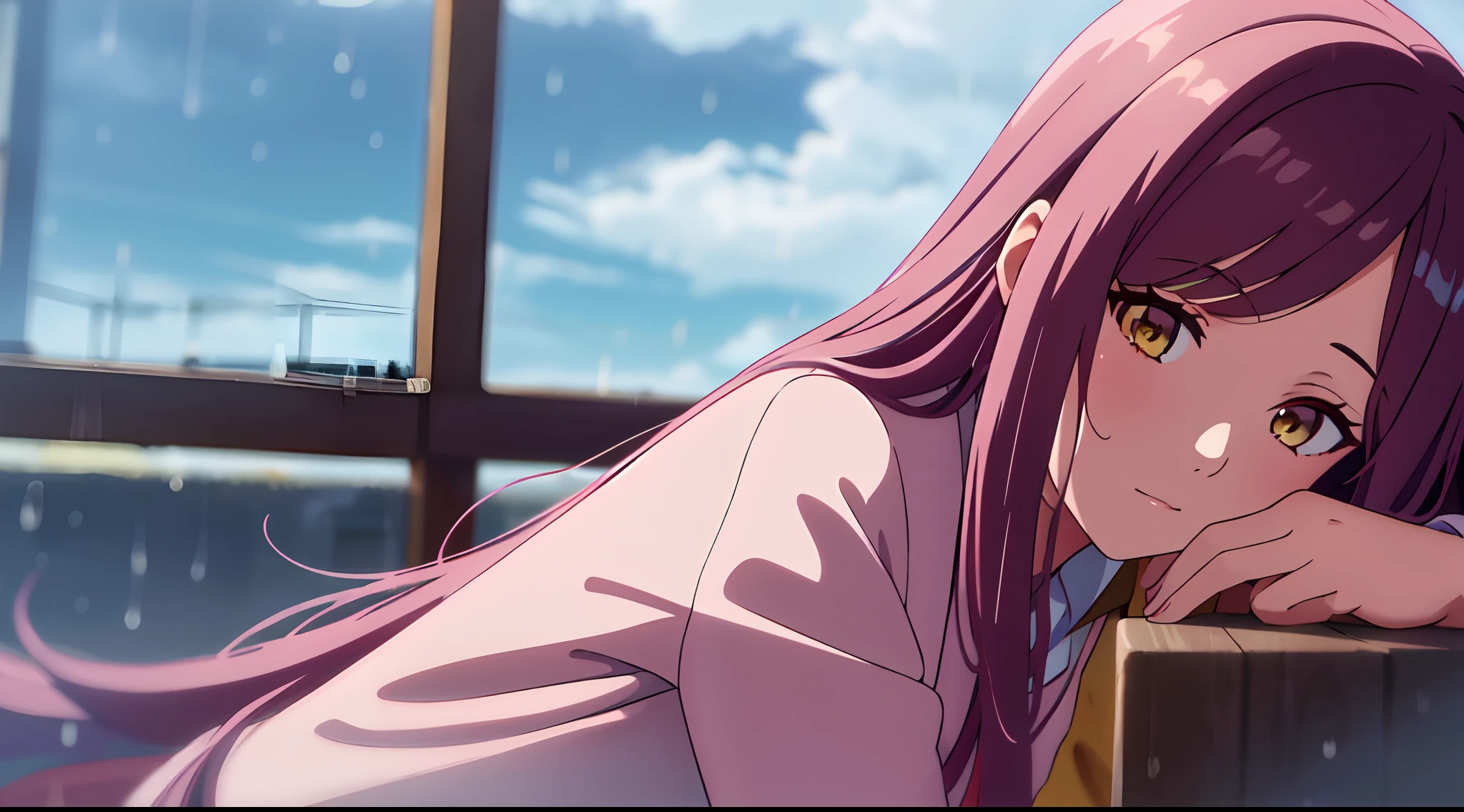masterpiece, best quality, 1girl, solo, long pink hair, parted bangs, forehead, with yellow eyes, sky, red collared shirt, close up, rain
