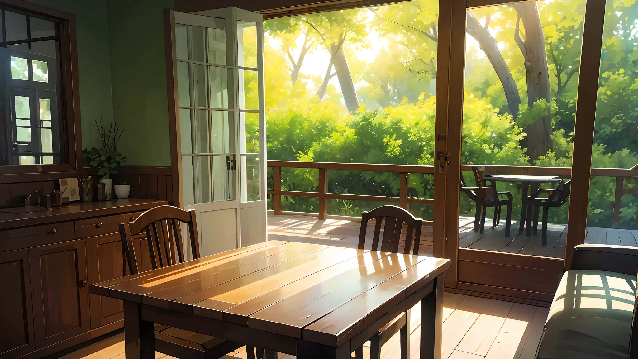 A glass of green liquid, a wooden table, sunlight