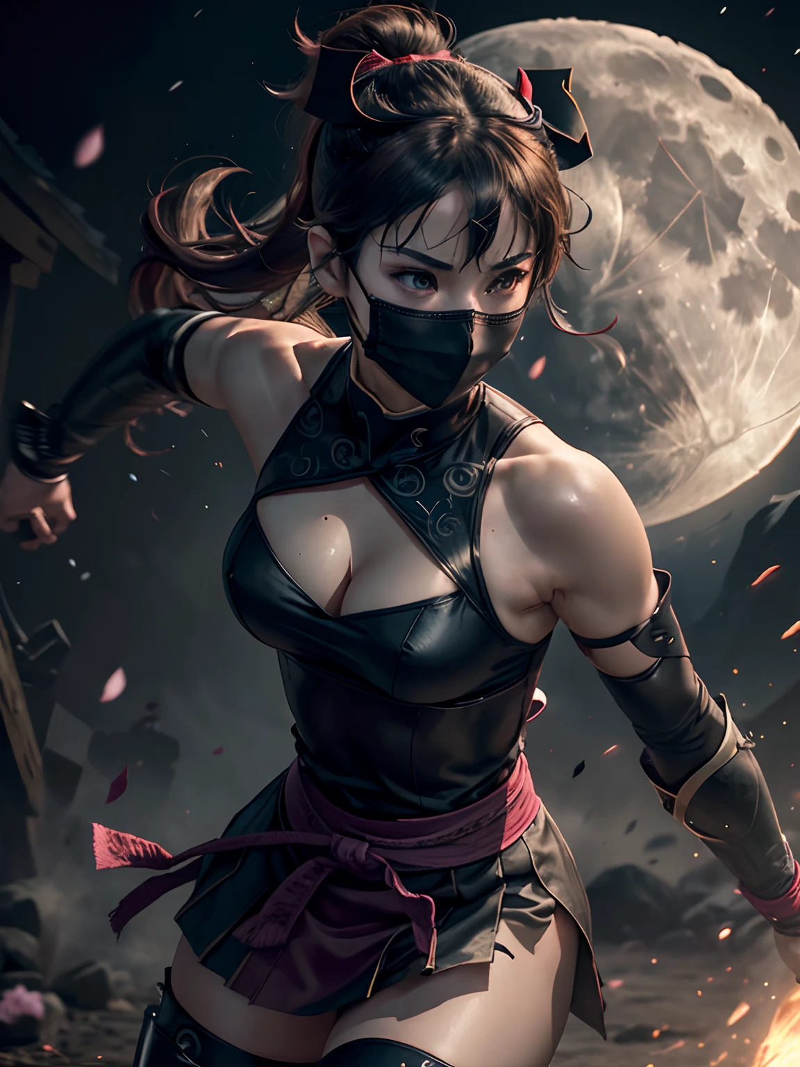 Highest quality、4k,8k,High quality、Ninja、female、Black Mask、