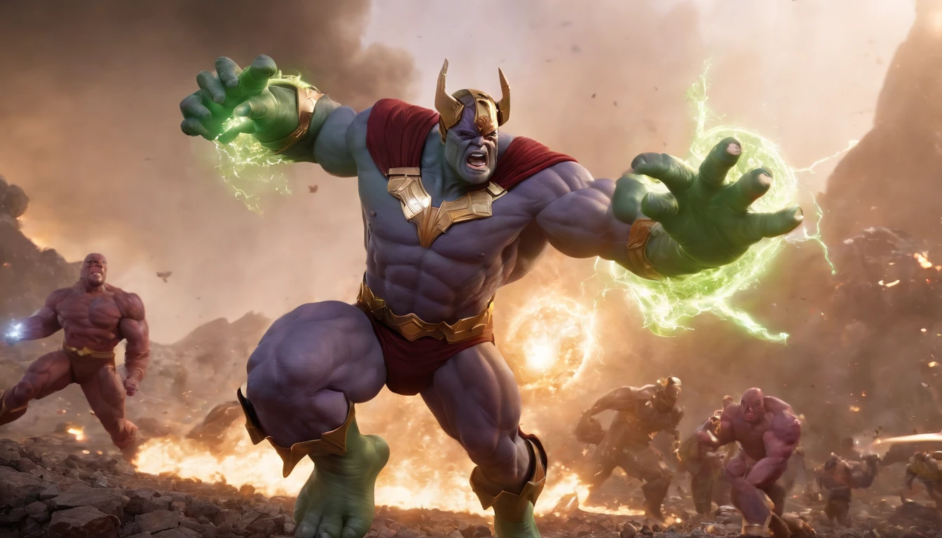 (best quality,4k,8k,highres,masterpiece:1.2), ultra-detailed, (realistic,photorealistic,photo-realistic:1.37), Galactus, the devourer of worlds, is battling against the Incredible Hulk and Wonder Woman, with the Silver Surfer, his herald, by his side. Marvel / DC, breathtaking cosmic clash, intense battle scene, epic struggle, vivid colors, vibrant energy, dynamic poses, destructive force, radiant power, massive planetary destruction, surreal cosmic landscapes, powerful explosions, dramatic lighting, heroic poses, mighty combat, astonishing visual effects, stunning superhuman abilities, epic battle cries, immense strength, furious Hulk transformation, majestic cosmic entity, iconic characters, intricate costume details, intricate facial expressions, awe-inspiring presence