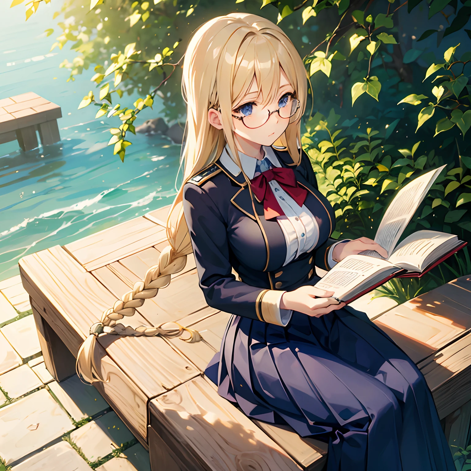 Blonde, single braid hair, (big tits), solo, blue eyes, uniform, long skirt, round glasses, random pose, at school garden, sitting on branch, reading book, calm face