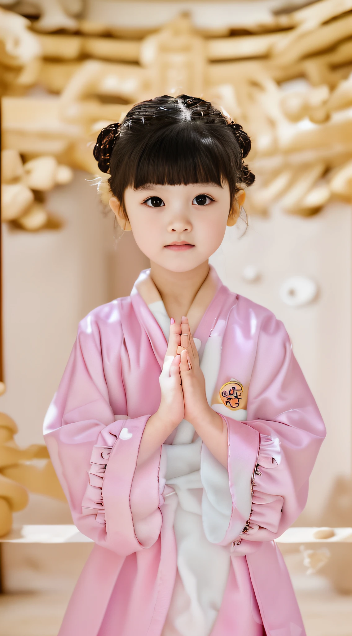 A girl wearing a robe,had his hands folded,Face the camera,The background is a temple