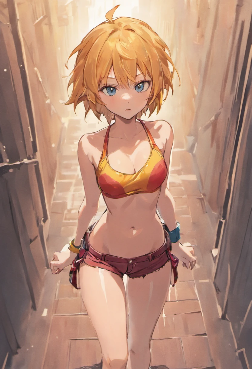 ((medium breast, tomboy girl, small head)), daylight, sunlight, (chiseled abs : 1.1), (perfect body : 1.1), (long straight hair : 1.2), collar, chain, full body shot, crowded street, wearing tight tanktop, jeans jacket, ((shorts)), (extremely detailed CG 8k wallpaper), (an extremely delicate and beautiful), (masterpiece), (best quality:1.0), (ultra highres:1.0), beautiful lighting ,perfect lightning, realistic shadows, [high res], detailed skin, ultra-detailed
