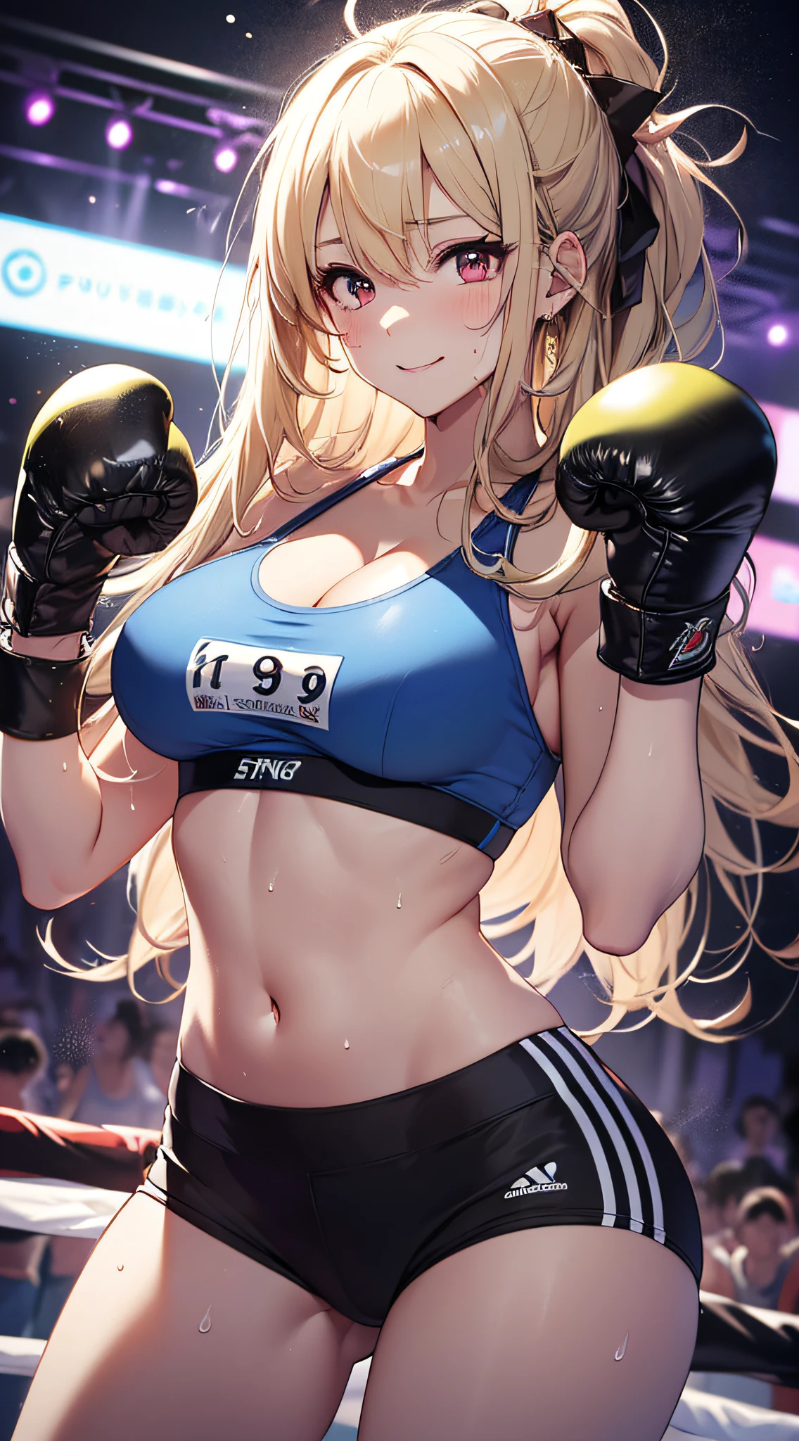top-quality、Top image quality、masterpiece、girl with((18year old、Blue Sports Bra、Blue sports pants、Best Bust、Bust 90、Blonde longhair、Red Eyes、open chest wide、Valley、Happiness、A slender、ssmile,Fighting、Sweating、Splattering sweat、fitness、boxing、fighting poses))hiquality、Beautiful Art、Background with((nightclubs))、masutepiece、Elaborate design、visualart、