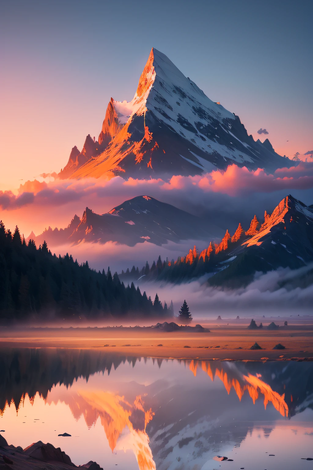 A asthetic, high pixel serene sunrise over a misty mountain range, symbolizing a new beginning in animme style.