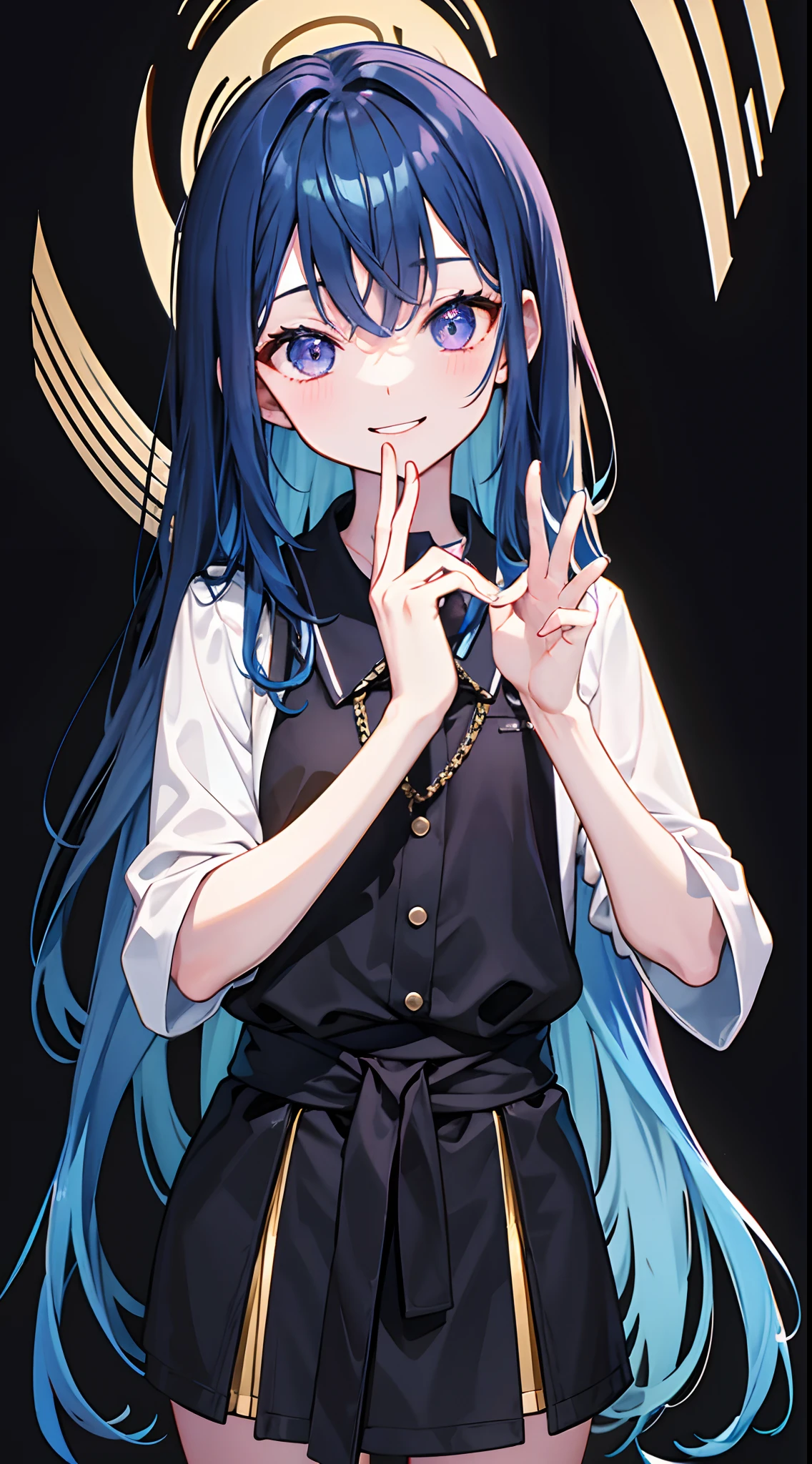 {Solo},[[[[[Black background]]]]], [[[[[Simple background]]]]]、[[[Adults]]],black backgrounds, black backgrounds,Narrow-eyed、Hands down、idol、[[[from waist up]]]、[[[Standing Picture]]], [[[23years old]]], bangss, striated hair, [[a smile]]、[[[confident look]]],side locks, Blue hair, Purple eyes,[[[I don't have anything]]],