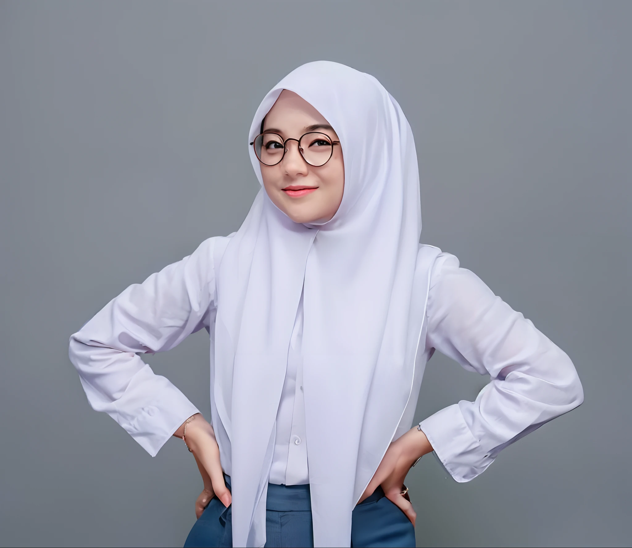 works, best quality, highly detailed, illustrations, epic lighting, cinematic composition, isometric, 1girl, solo, cute, wearing glasses, beautiful eyes, hair covered in hijab, bright white hijab, long white girl shirt, gray skirt, formal , beautiful, pose according to photo, hands holding waist, looking at the audience, sweet smile, standing, sweet smile, anime, medium size breasts