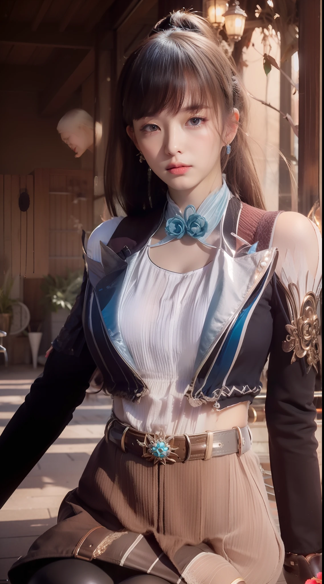 1girl, long hair, dress,hair ornament, looking at viewer, mature female, good morning, thighhighs, clothing cutout, bangs, high collar,white skirt,ponytail, cowboy shot, long sleeves, belt,blue eyes,makeup, blush,best qualtiy,8K,tmasterpiece:1.3(Flower Cap:1.3),focal:1.2,Perfect beauty:1.4,glute:1.2,(Layered Hair Style:1.2)),(Dark streets:1.3),独奏,Highly Detailed Face and Skin Textur,full bodyesbian,Elaborate Eyes,二重まぶた,Whitens the skin,long whitr hair,(with a round face:1.5),(Loose Crop Top,shorter pants:1.6,overgrown with poppy flower,