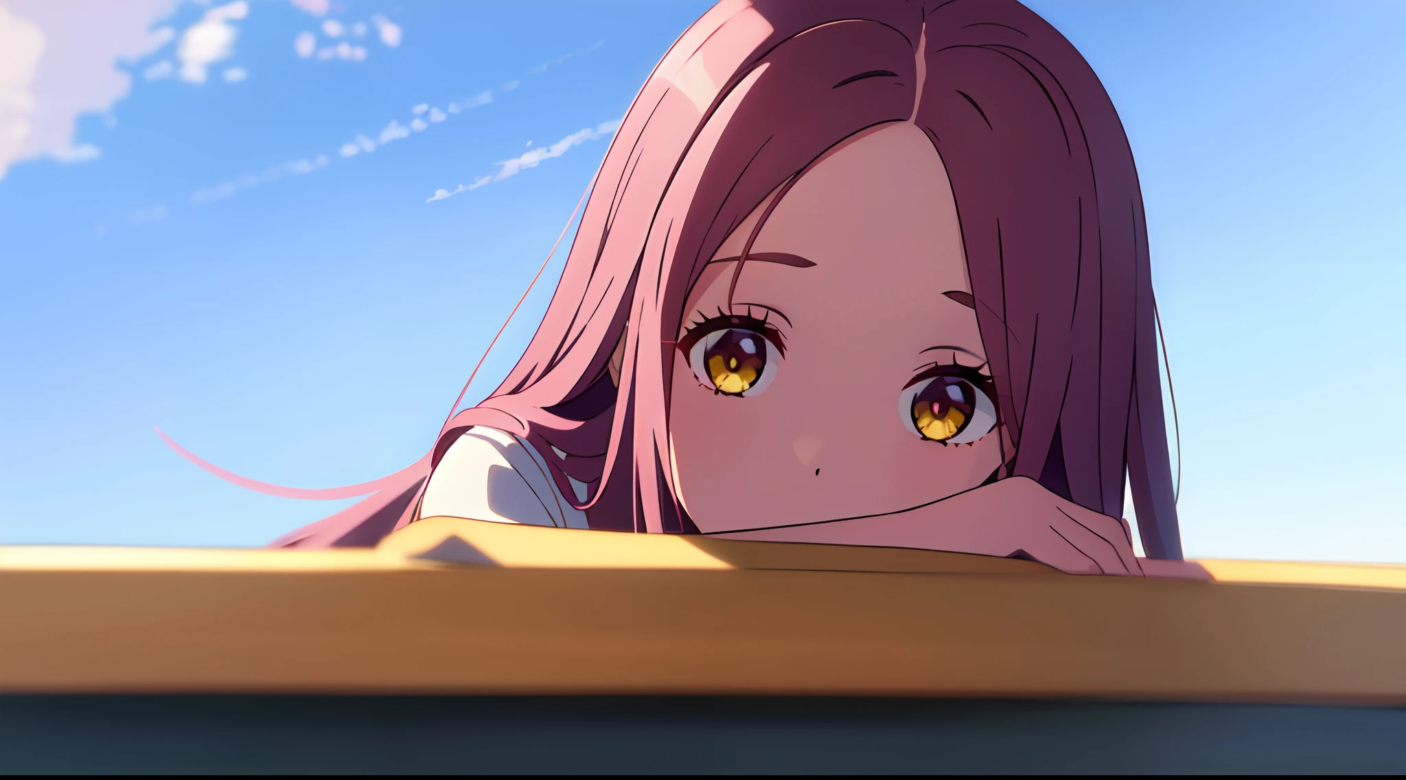 masterpiece, best quality, 1girl, solo, long pink hair, parted bangs, forehead, with yellow eyes, sky, red collared shirt, close up