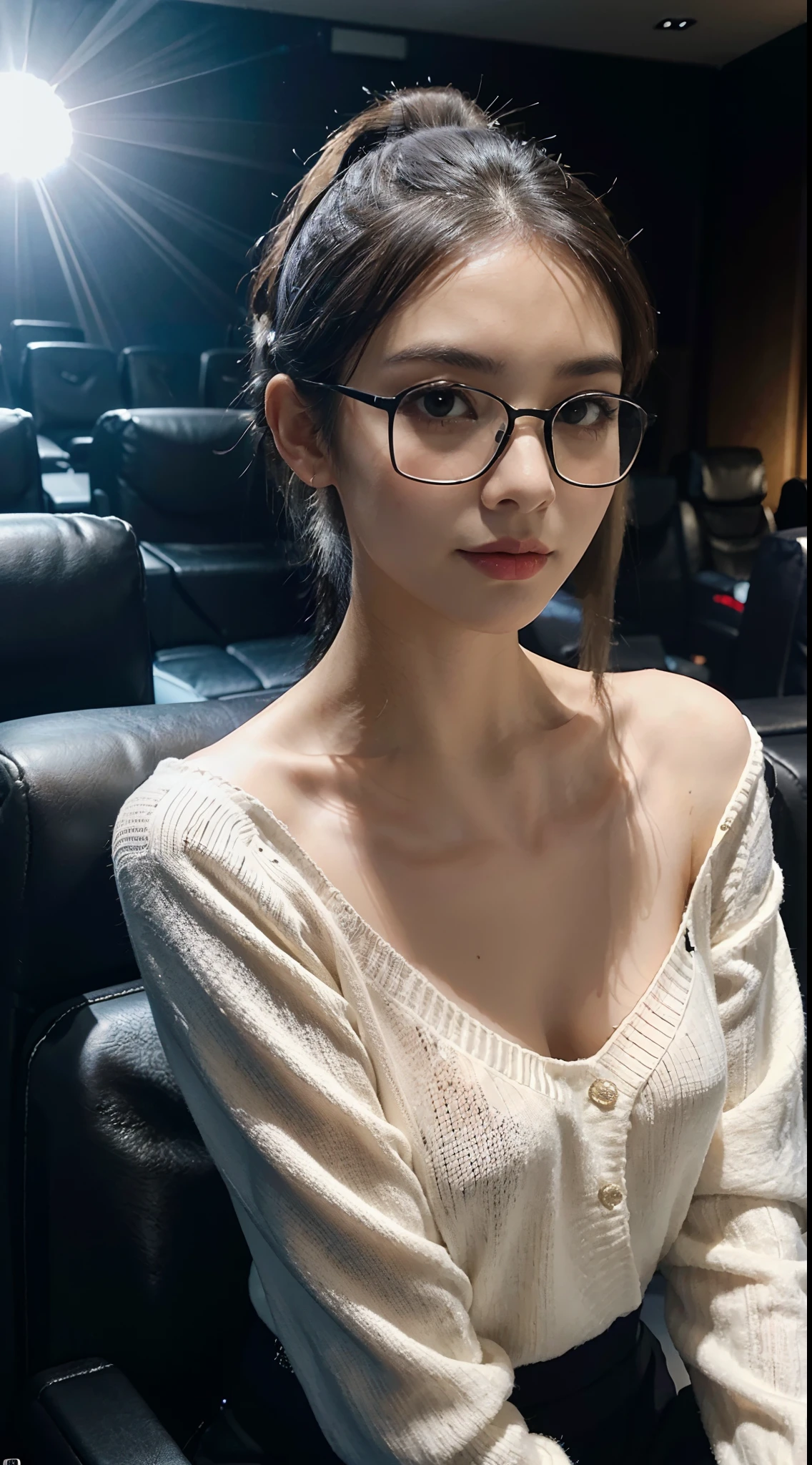 (shoulder length straight short black hair: 1.3), （Extremely meticulous CG 8k wallpaper），（Extremely refined and beautiful），（Masterpiece），（best qualtiy：1.0），（Ultra High Resolution：1.0），beautiful light up，Perfect lightning，realistic shaded，[A high resolution]，Smooth and flawless fair skin，Extremely exquisite facial details，（perfect body：1.1），ultra - detailed，A beautiful girl，small head，(very Short ponytail:1.5),(glasses:1.3),(Flat chests:1.3)，slim，thin，Smile，cheerfulness，(White long sleeved sweater:1.5），Slender legs,Elbows on the table,upper body,close shot,cowboy shot,(Portrait above chest level:1.2),(Photo booth:1.2),(In the cinema screening hall:1.2),(Sitting in a seat:1.2),There are many people sitting in the other seats next to them