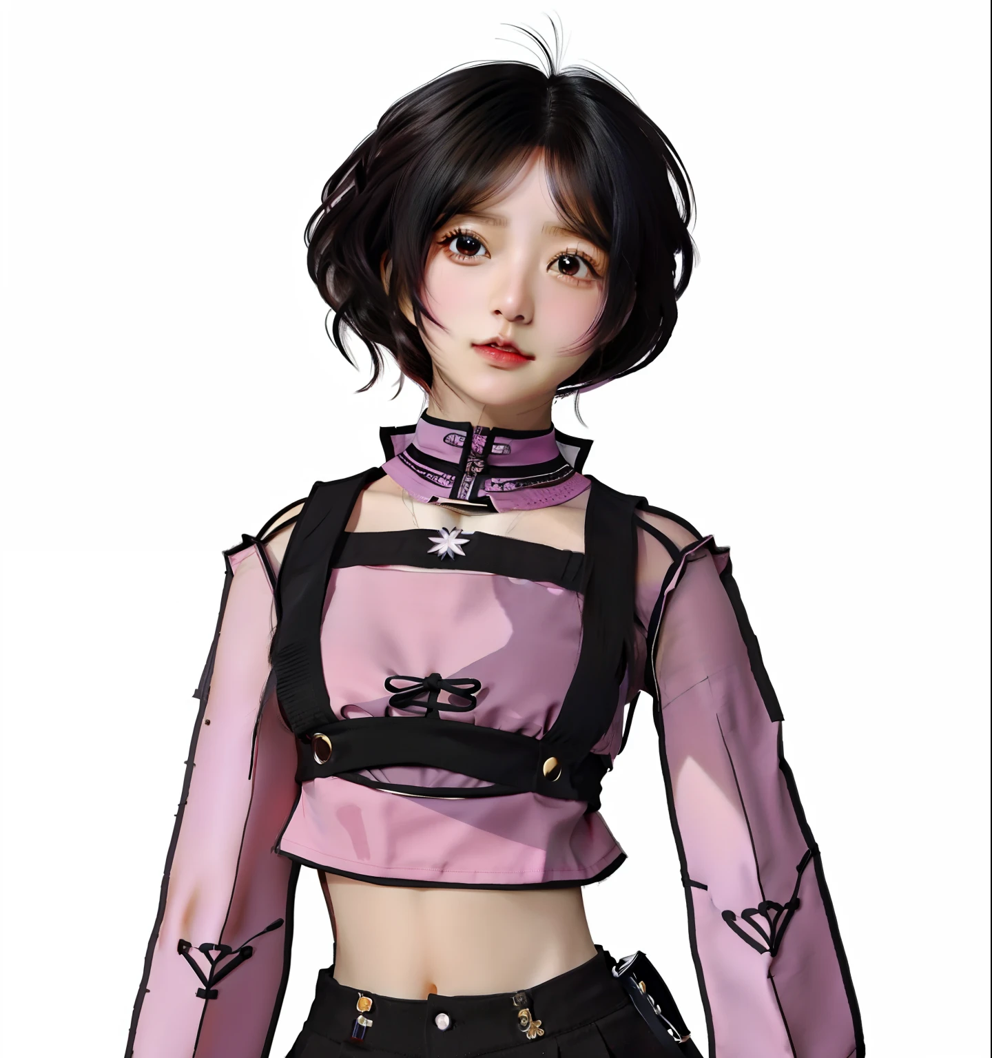 Chica anime con cabello ????? y camisa crop top lila y falda negra, [[[[sonriendo ]]]], Personaje de estilo anime, protagonista femenina, arneses negros, personaje ciberpunk, chica tierna,Momo Hirai