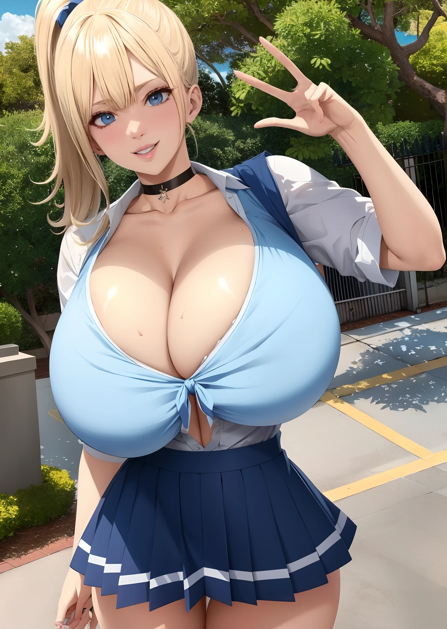 (realistic 8k)、Delicately drawn face、Photorealsitic、octane renderings、(hyper realisitic:1.2)、a 25yo woman、Short schoolgirl miniskirt with huge breasts、1girl in、(Surreal big breasts:1.2)、Full face of makeup、light blue  eyes、Bimbo Lip、white  shirt、cleavage of the breast、Blonde schoolgirl mini skirt、full body Esbian、Bleach blonde hair、High ponytail hair、Grinning、a choker、