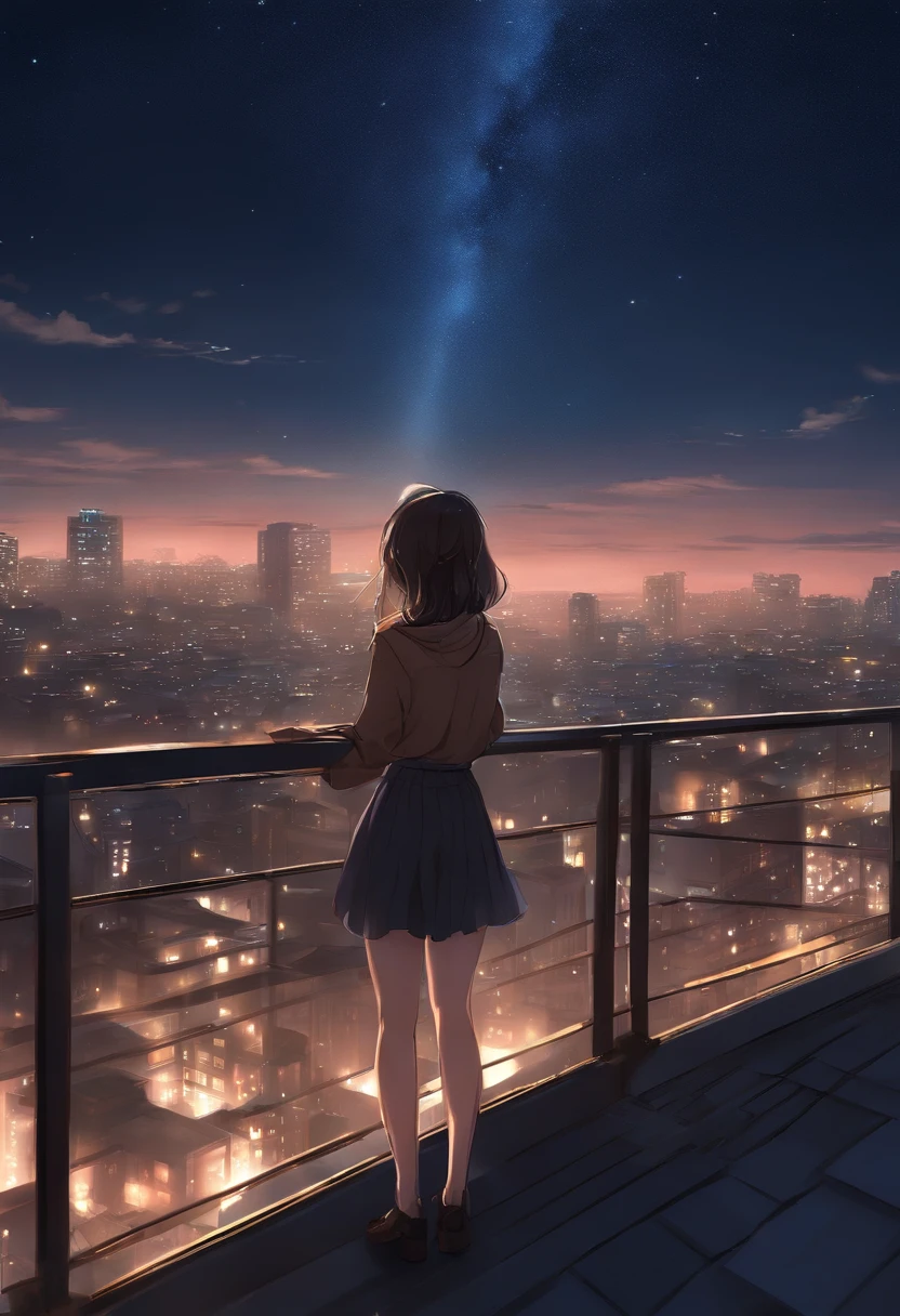 anime girl standing on rooftop looking at night sky with stars, anime wallpaper 4k, anime wallpaper 4 k, 4k anime wallpaper, anime art wallpaper 8 k, anime art wallpaper 4k, anime art wallpaper 4 k, anime style 4 k, makoto shinkai cyril rolando, 4 k manga wallpaper, anime wallpaper, amazing wallpaper, shooting stars