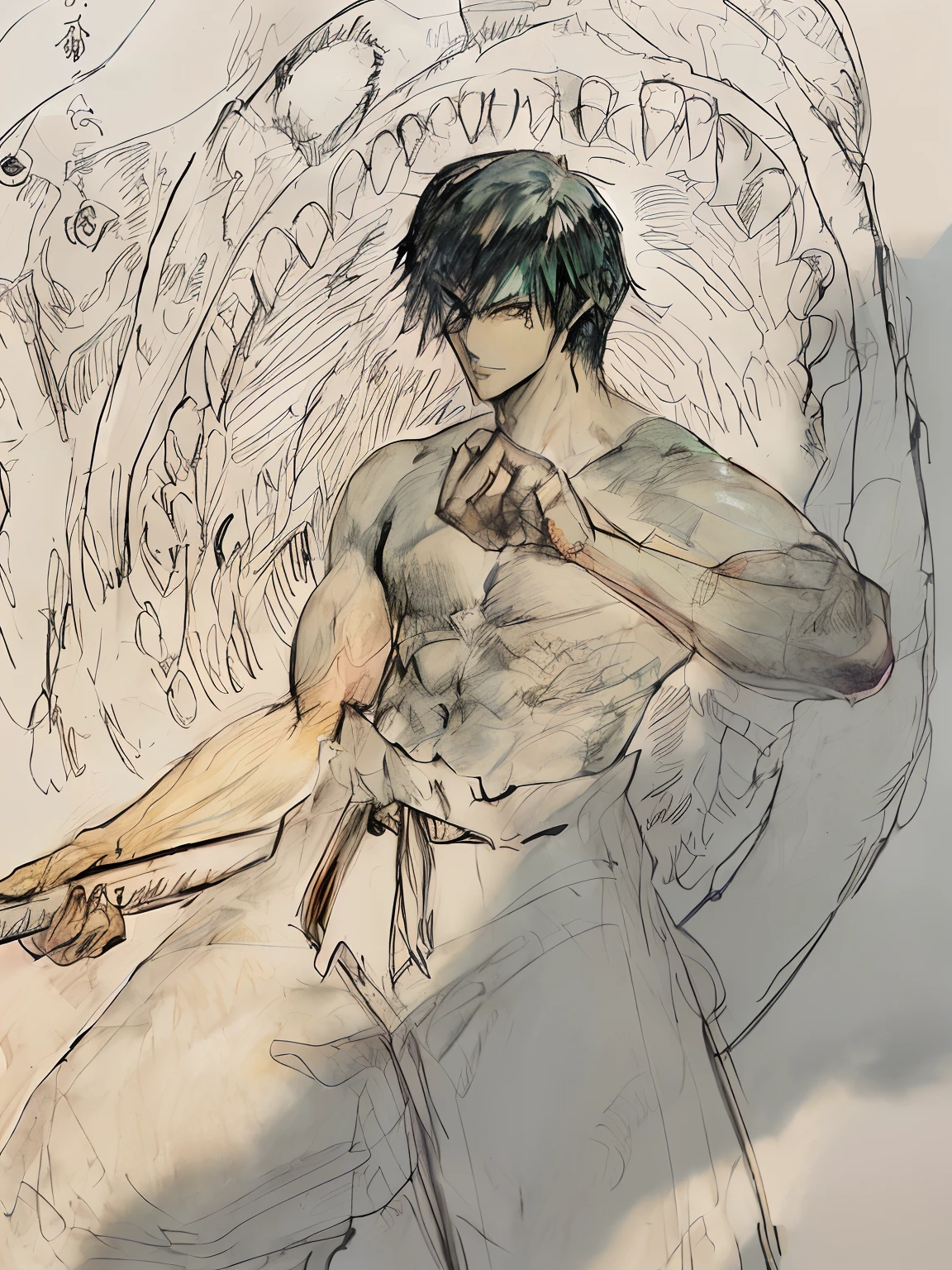 Drawing of a green-haired man with a baseball bat, highly detailed exquisite fanart, kentaro miura art, ( ( character concept art ) ), Kentaro Miura Manga Art Style, handsome guy in demon slayer art, shigenori soejima illustration, inspired by Masanobu Okumura, kentaro miura art style