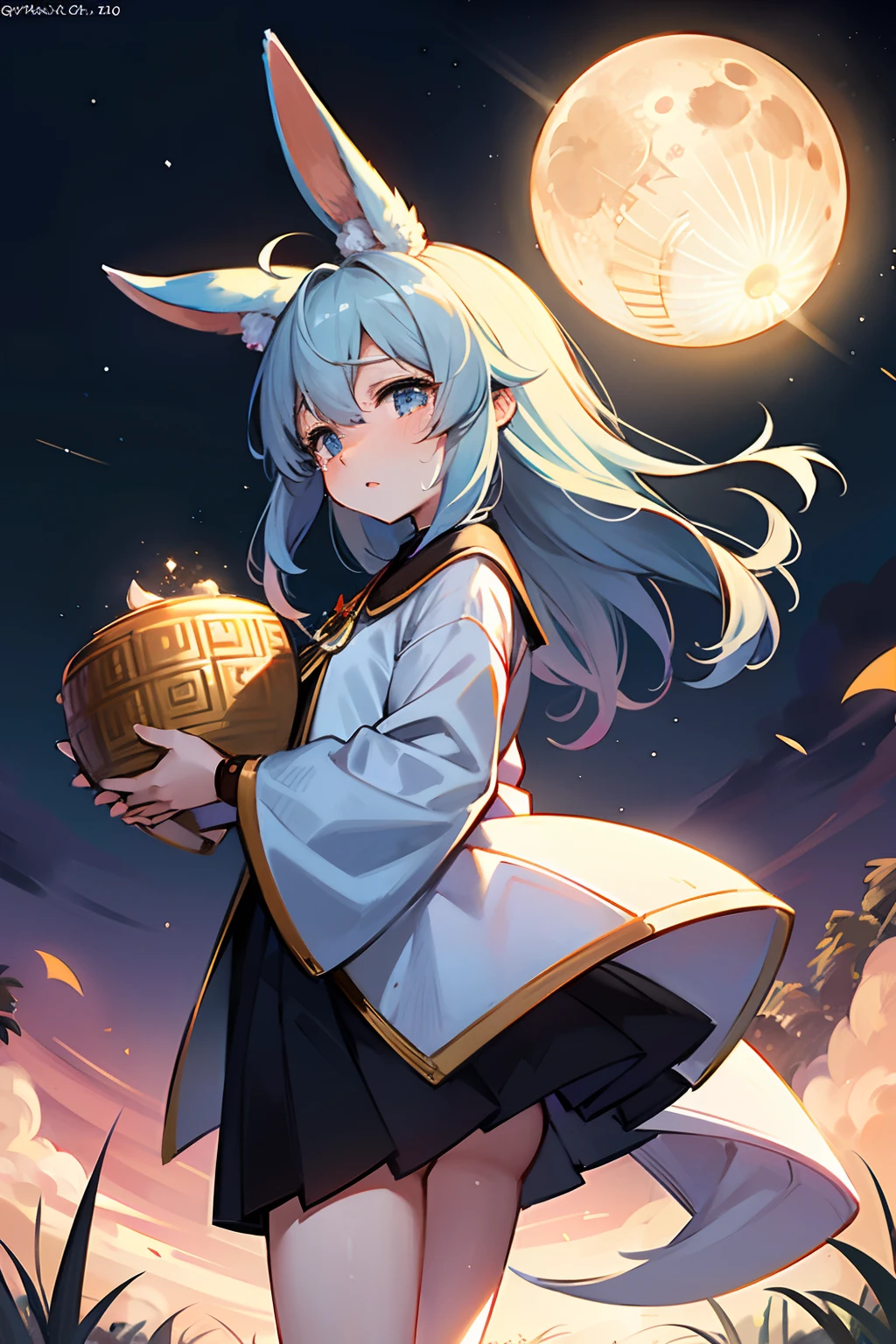 Solo,Mid-Autumn Festival ,Jade Rabbit Chang'e,jubilation,Moon cake,nigh sky,fine art photography,(Movie Angle: 1.2),(Best quality, Detailed details, Masterpiece, offcial art, movie light effect, 4K)Share the lyrics:
The moon is rising again and it's coming to an end today,Wishes are played, but words are stopped,Friday Night can't help crying, but you're still the same,The sound of running footsteps sounded if you want to change tomorrow,So then, then,Not yet,After another week of circling the night sky, the moon's profit and loss also flowed around,Looking at time is not ridiculous just like that,The moon rabbit swirls in the air You are equal to tomorrow,Don't lose to tomorrow, because you don't want to run away,So so,Start now,Target the distant moon and today's sky,It's going to the west, and it's out of reach,I can't convey it,Tears wet the stars And today's sky,Going over there, towards the night, "Stop crying.",Target the distant moon and today's sky,There are a lot of stars falling from the sky, and it's not a dream!This is not a dream。
