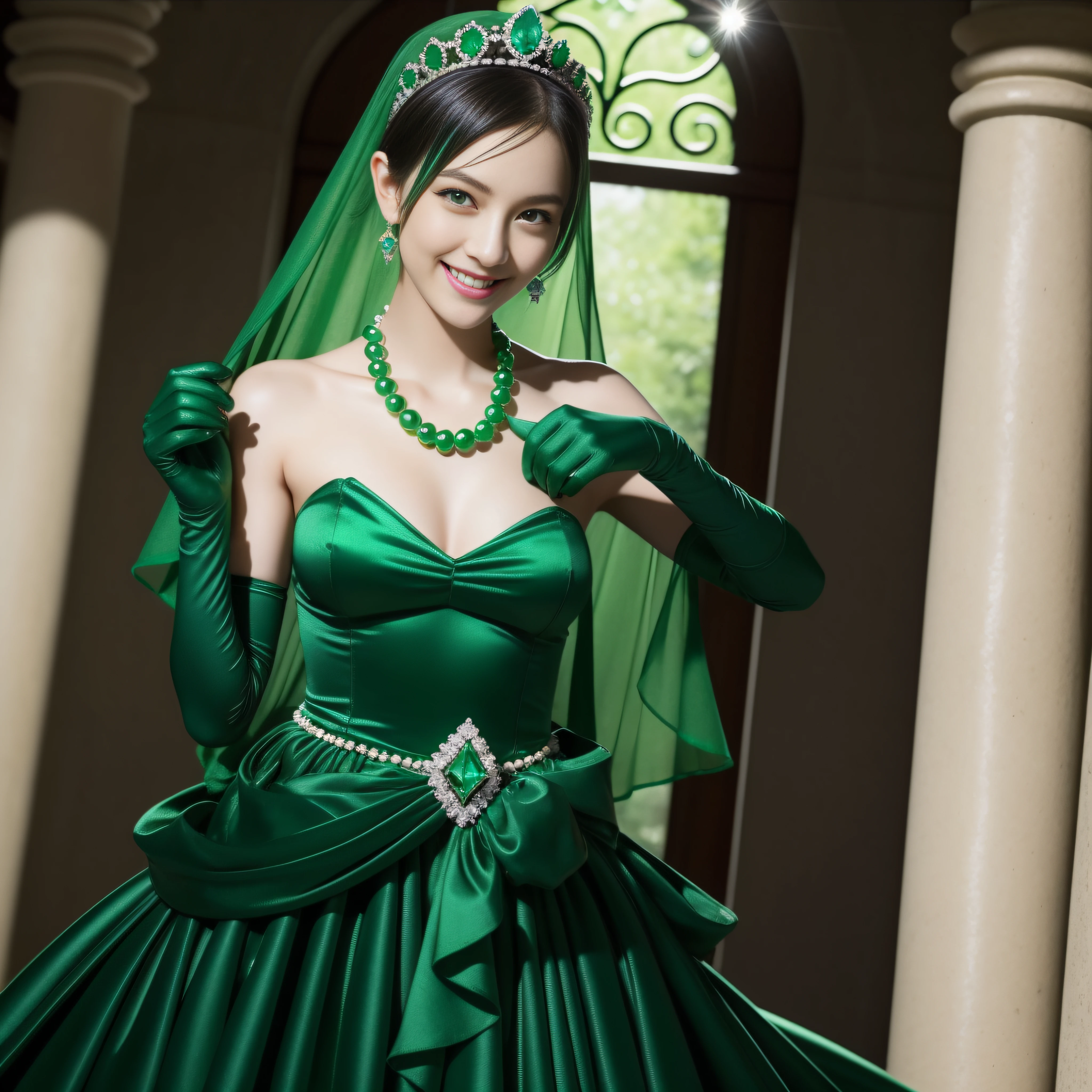 emerald tiara, Green Pearl Necklace, Boyish very short black hair, lipsticks, Japan woman smiling, very short short hair, big breasts beautiful, Green eyes, Long green gloves made of satin material, Green eyes, Emerald Earrings
