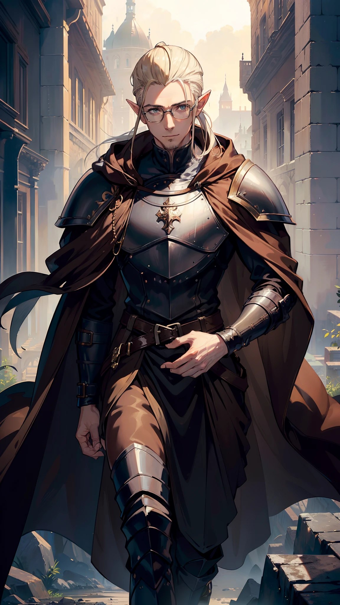 (((((male))))), masterpiece, ultra detailed, 8K Portrait, Raw photo, man's portrait photography, Highly detailed face, beautiful and meticulous eyes, ((Fantasy)), 35 years old (((man))), (((Male body))), elf, 190 cm, tall, Glasses, ((Blonde)) Ponytail (((slick back hair))), Kind face, Smile, adventurer, Hooded (((Dark brown silk long cloak))) Fluttering in the wind, (((Male White Plate Armor))), Leather boots, Holding a long magic sword, Midday Sun, Hyper realistic, Strong body, Long legs, in a castle, Ambient lighting, Shadow details , Camera focus on face, strong breeze, Light fog