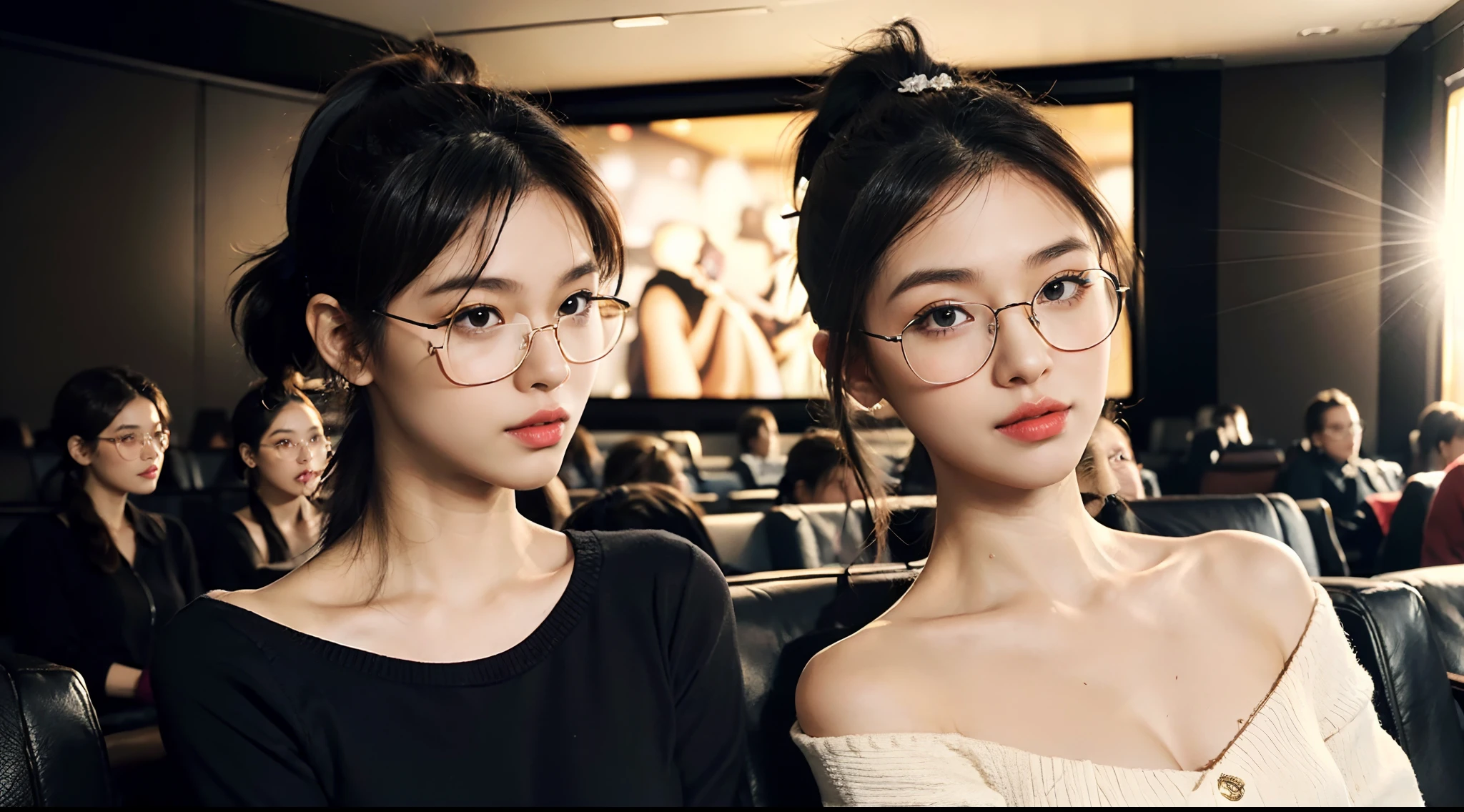 (shoulder length straight short black hair: 1.3), （Extremely meticulous CG 8k wallpaper），（Extremely refined and beautiful），（Masterpiece），（best qualtiy：1.0），（Ultra High Resolution：1.0），beautiful light up，Perfect lightning，realistic shaded，[A high resolution]，Smooth and flawless fair skin，Extremely exquisite facial details，（perfect body：1.1），ultra - detailed，2 beautiful girls，small head，(very Short ponytail:1.5),(glasses:1.3),(Flat chests:1.3)，slim，thin，Smile，cheerfulness，(White long sleeved sweater:1.5），Slender legs,Elbows on the table,upper body,close shot,cowboy shot,(Portrait above chest level:1.2),(Photo booth:1.2),(In the cinema screening hall:1.2),(Sitting in a seat:1.2),There are many people sitting in the other seats next to them