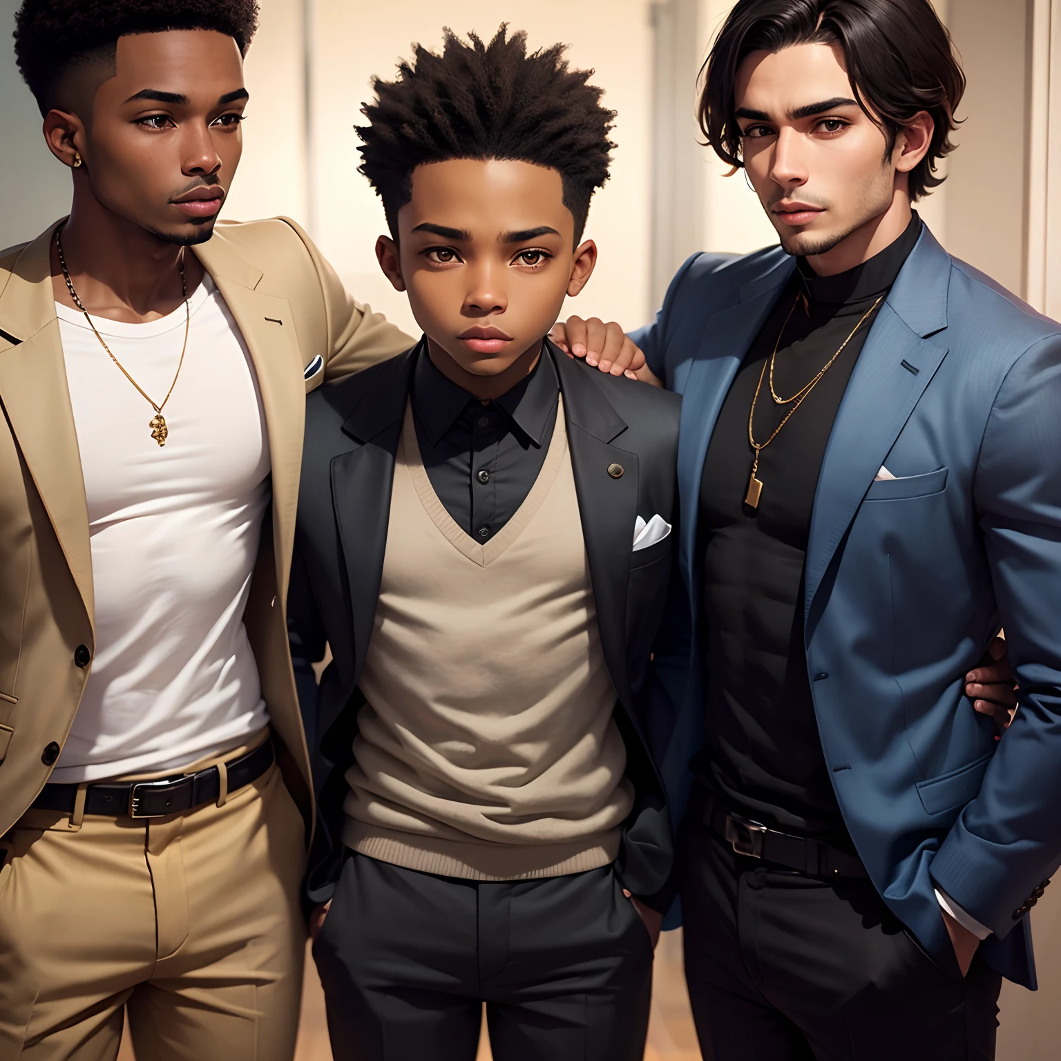 a young black boy dressing in jacket with two pitbull dogs