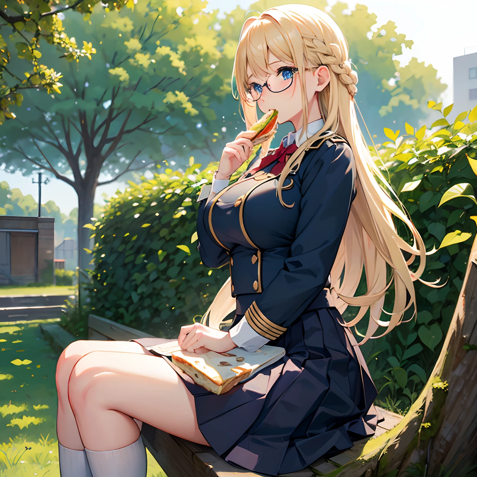 Blonde, braid hair, (big tits), solo, blush face, blue eyes, uniform, long skirt, round glasses, random pose, at school garden, sitting on branch, eat sandwich, calm face