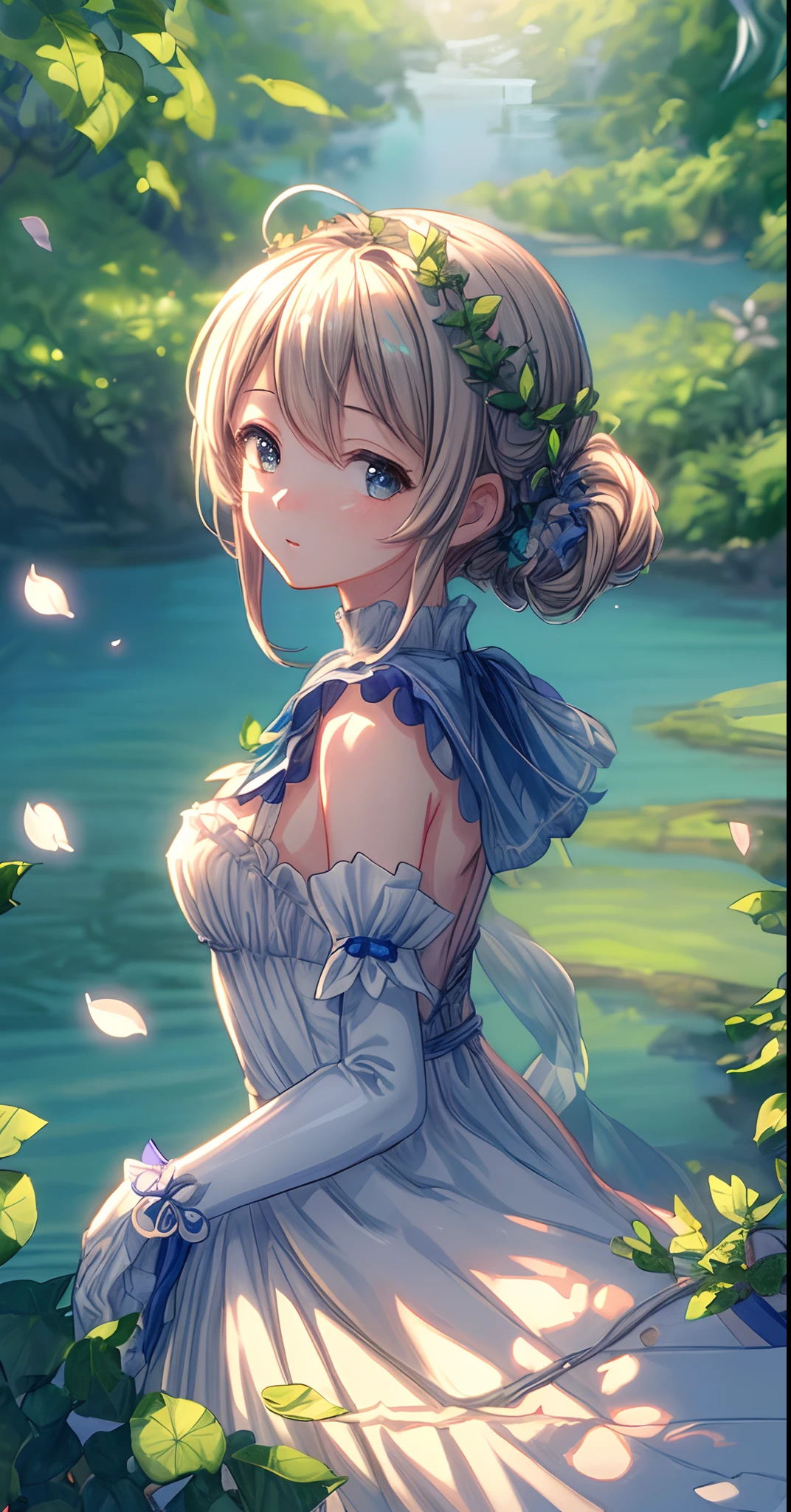 Masterpiece, best quality, (very detailed CG unity 8k wallpaper) (best quality), (best illustration), (best shadows) Nature', blue sea,delicate leaves petals of various colors falling in the air light Tracking, super detailed --v6