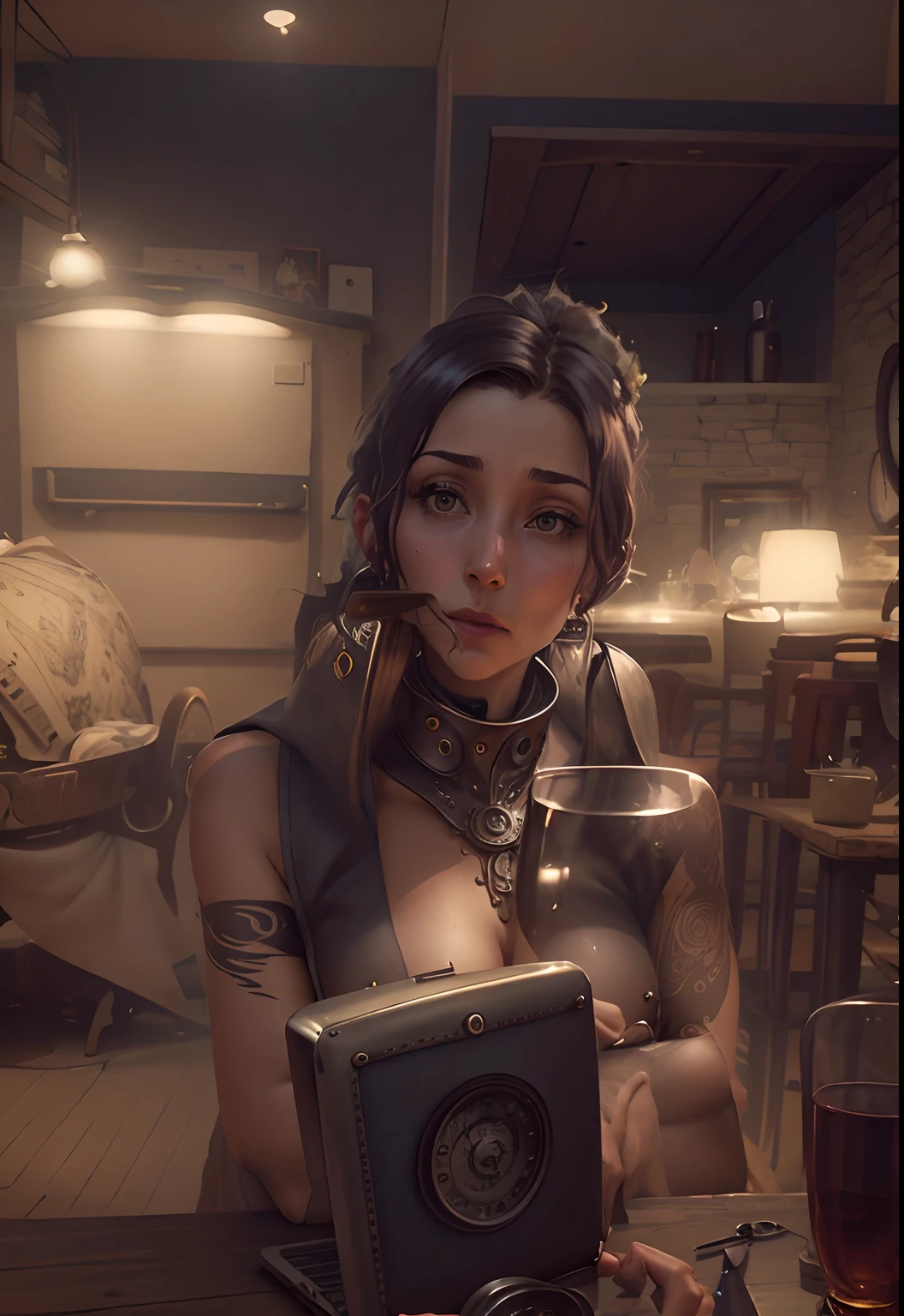 woman sitting steampunk at a table naked with tattoo sleeves large breasts a laptop and a glass of wine, very very low quality picture, deep in thought, at a dinner table, looking to the side off camera, high quality video, high quality photo, having an awkward steampunk dinner date, taken in the early 1930s, looking away from viewer, low quality footage, sitting at table