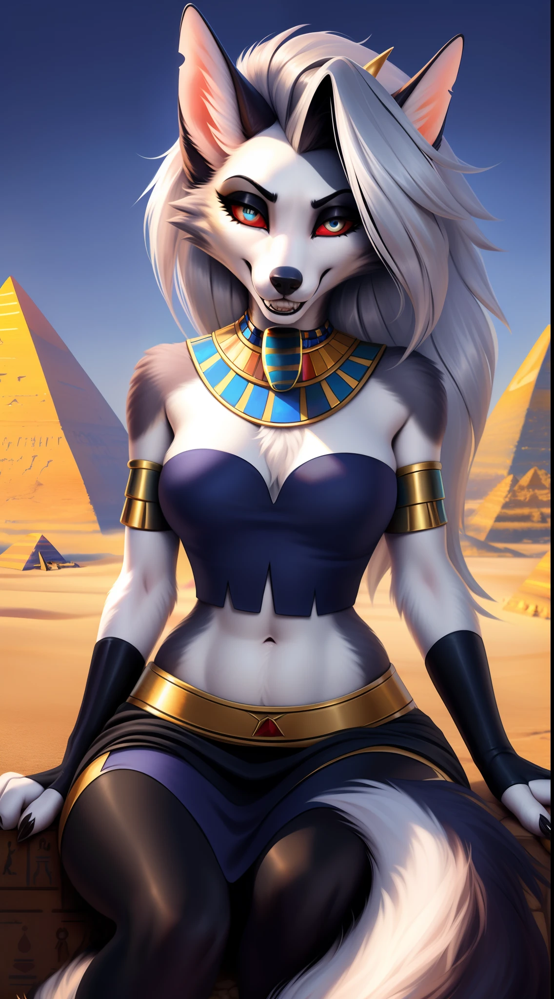 von Personalami, Helluva Boss, Loona Hellhound, Loona, weiblich, (detailliert), Ansicht des Betrachters, flauschig, solo, high resolution, fotorealistisch, ((evil smile)), happy, Detailliert, ((Detailed eyes)), full-body, Weiblich, mager weiblich, looks happy, Blick auf den Betrachter, (Detailliert), flauschig, fotorealistisch, detailliertes Fell, anatomoy correct tail, ((tail correct Position)), five fingers, (((egyptian clothes))), sitting position, (( sitting on an egyptian thron)), as pharao, anubis clothes, ((golden Jewelry)), egyptian pyramids in the background,