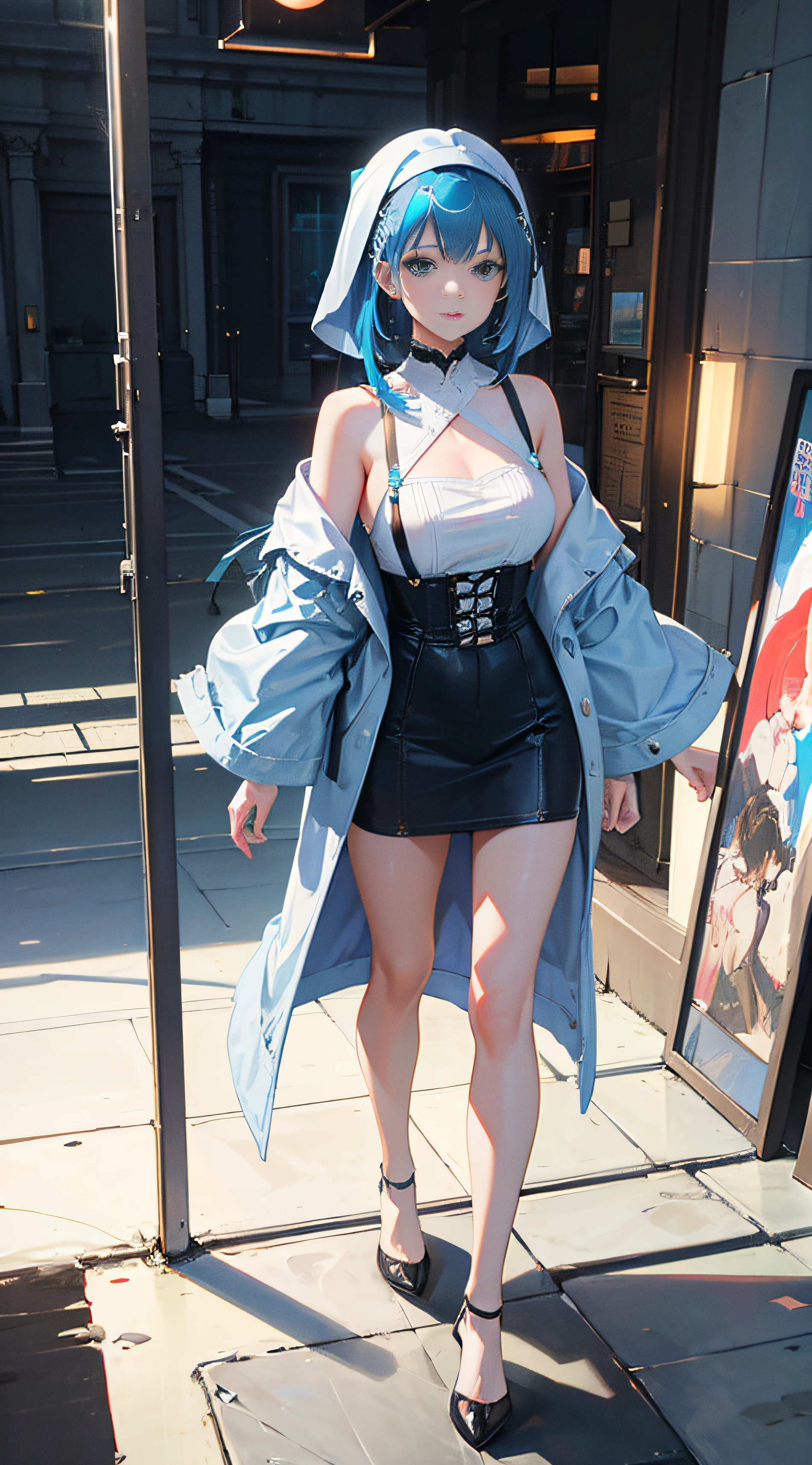 Denim Lens, (RAW photo, 4k, masterpiece, high resolution, extremely complex), cinematic lighting, 1 Girl , (topaz blue hair: 1.2), cinematic standing full body pose, nun outfit