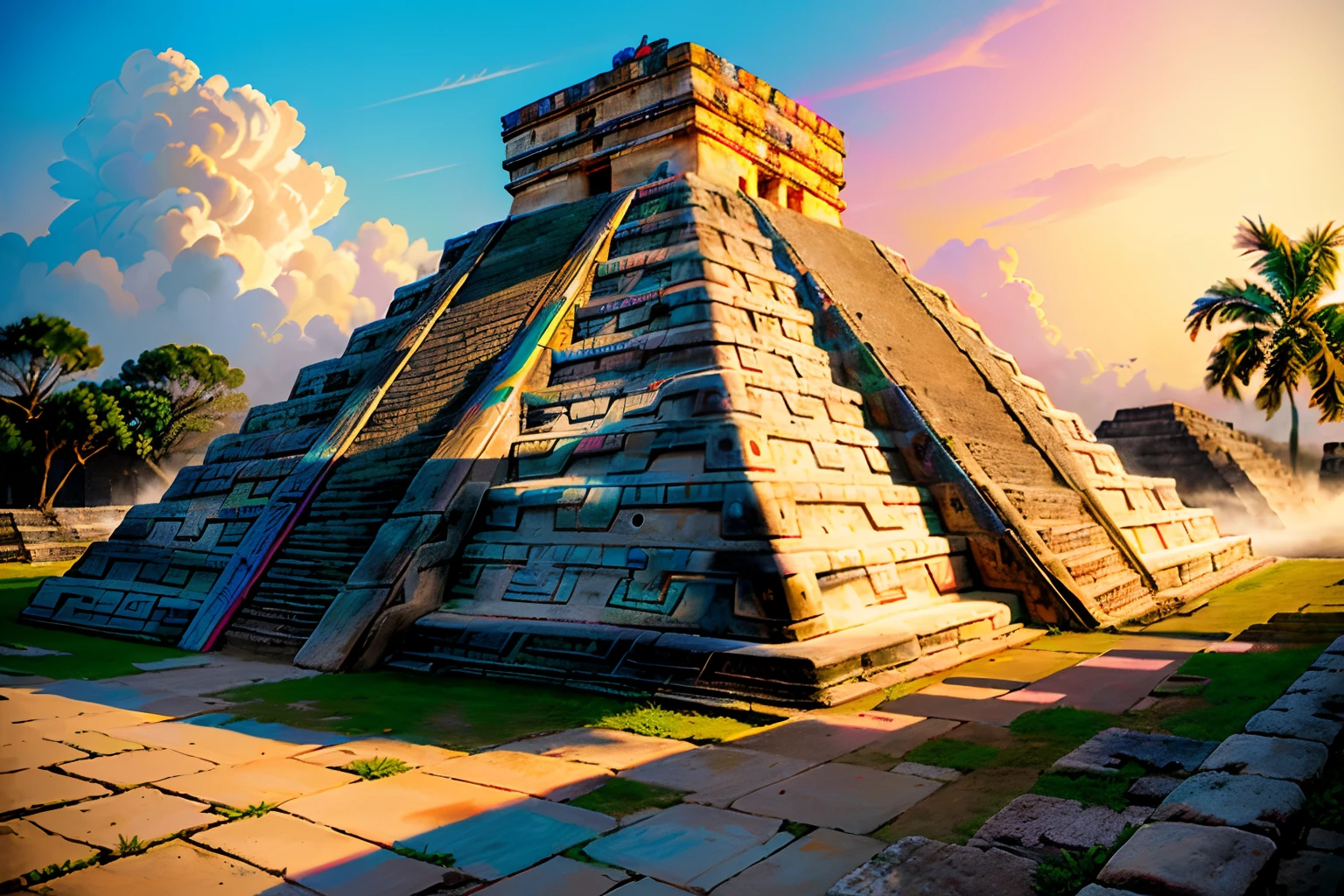 (Pre-Hispanic City of Chichen-Itza of street art graffiti:1.3), vivid color palette, (mist_coating of injection spray:1.3), fresh pain and palette knife stroke, sharp delicate drawing, (intricate details:1.3), ultra real, (ultra quality:1.3), high resolution, (stylish:1.3), (extremely details:1.3), (best quality:1.3), ultra quality, high angle, tachism, style of brick_wall,