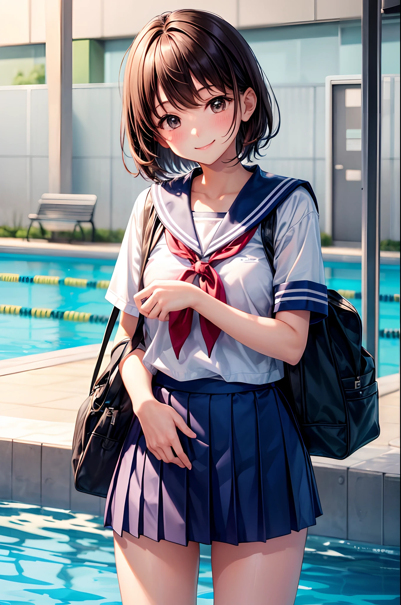 hi-school girl、、School swim wear、a smile、Very cute、short-hair、Brown hair、school swimming pool、I want to blush、Turning Pripan、Raise the skirt、Take off your uniform、Staring at this、