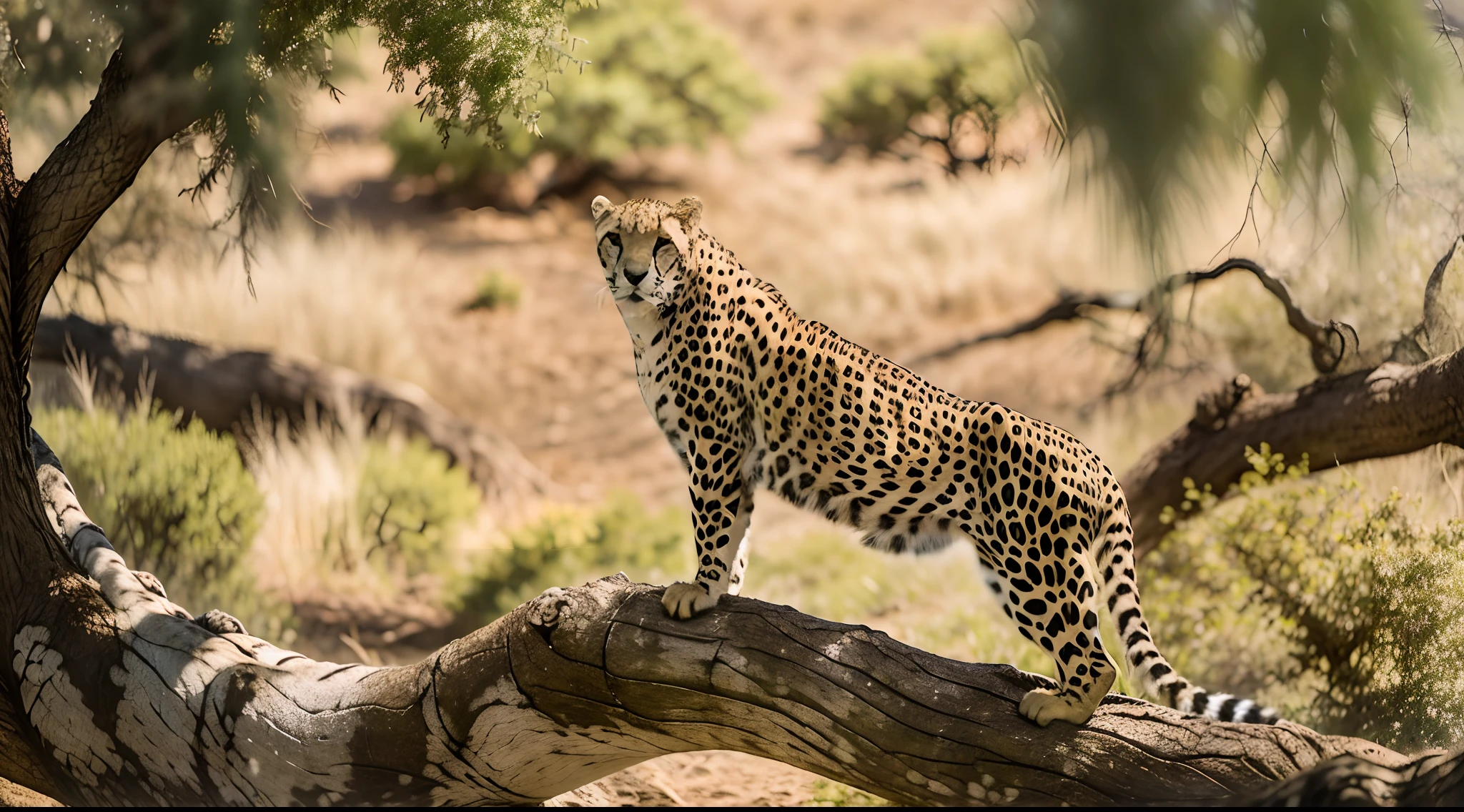 Ultrarealistic leopard lying on a large tree branch above the ground in the shade of a tree in the African Savannah in cinematic afternoon light