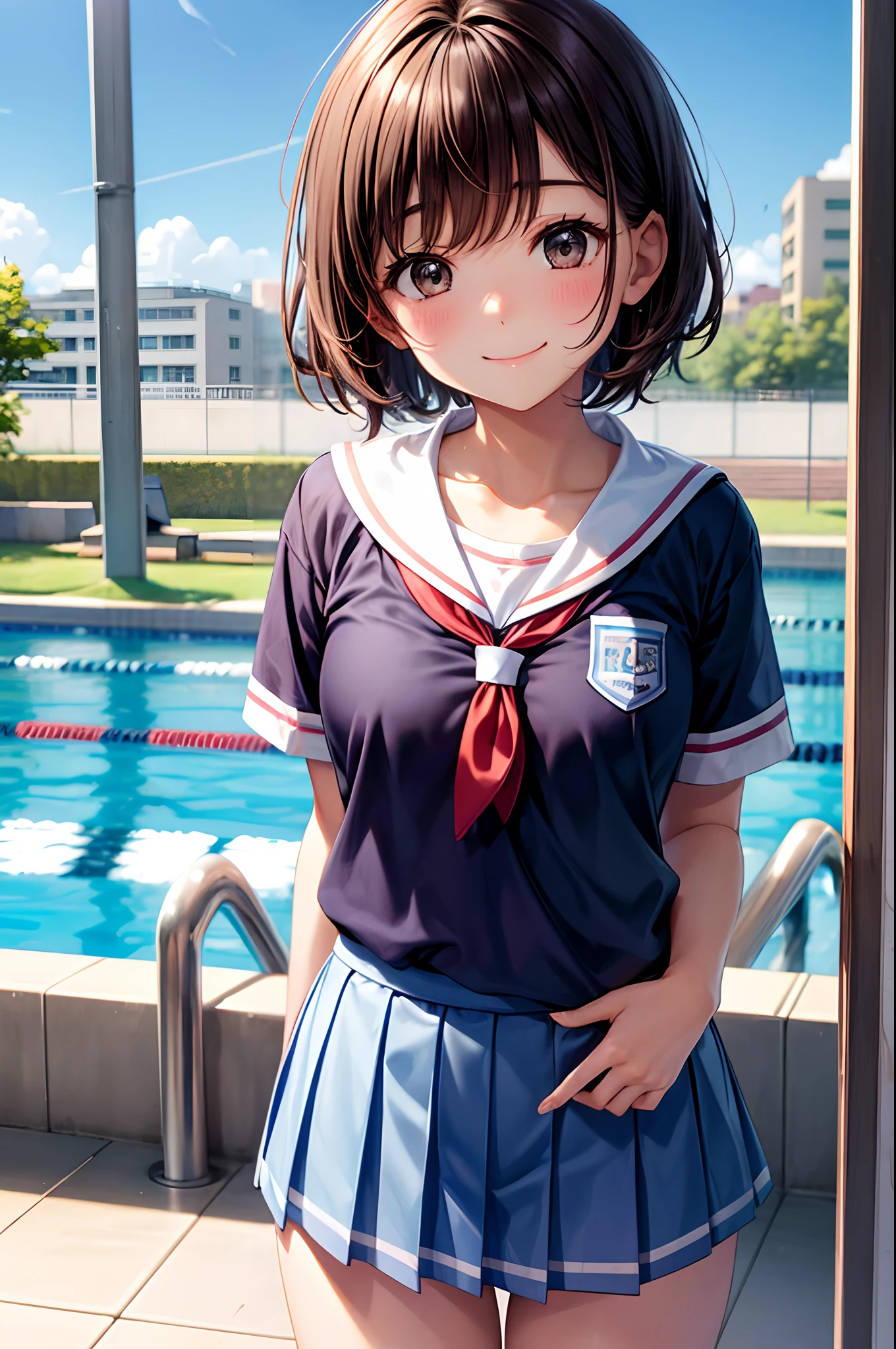 hi-school girl、、School swim wear、a smile、Very cute、short-hair、Brown hair、school swimming pool、I want to blush、Turning Pripan、Raise the skirt、Take off your uniform、Staring at this、