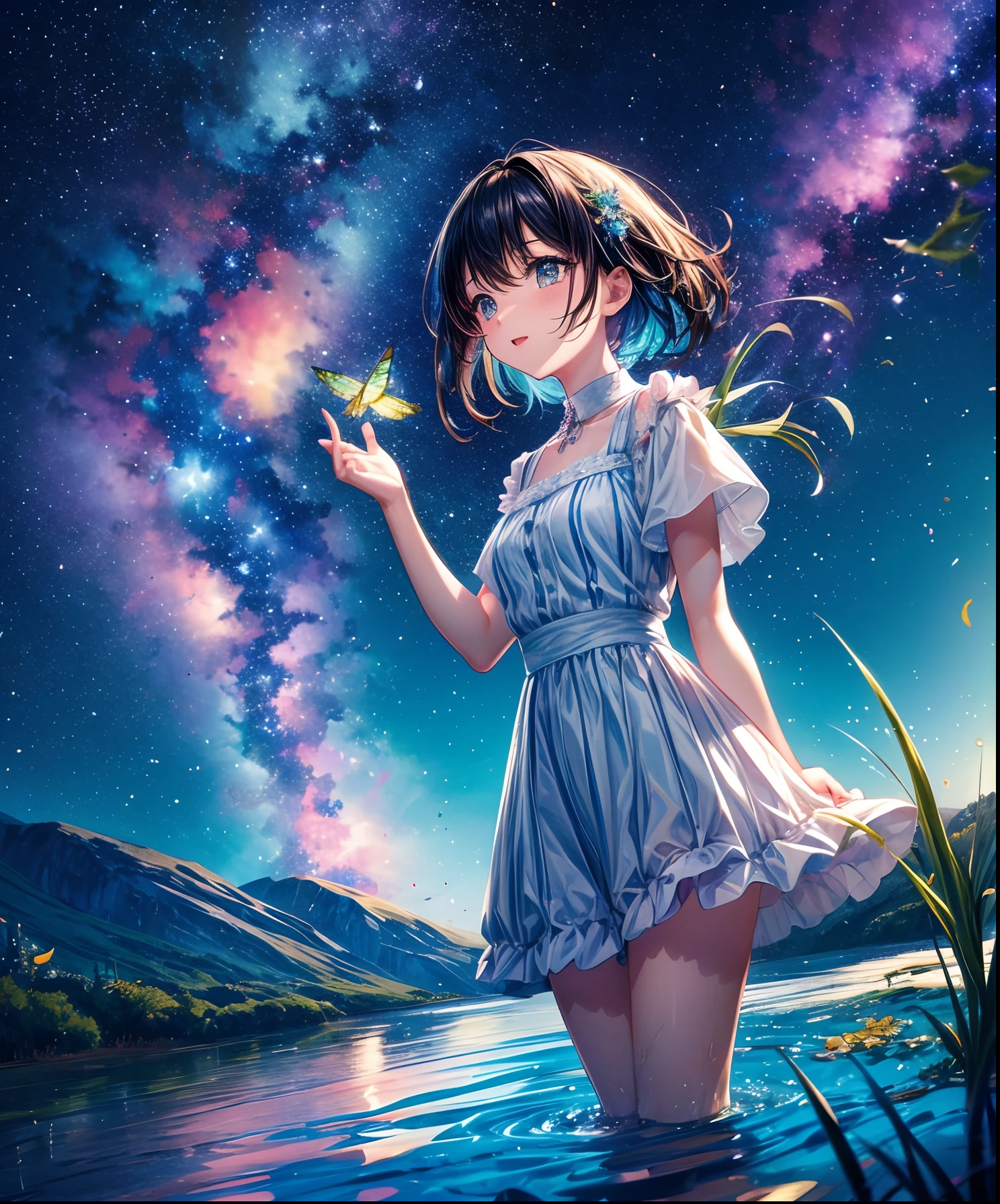 (girl), solo, (perfect face), (detailed outfit), excited, (smiling), (looking up), (sitting on grass hill) black hair, sidelocks, hair between the eyes, bangs, medium hair, (neck-length hair), black eyes, light skin, medium breasts, (light purple shirt, long sleeves, red and teal beaded necklace), (light blue skirt, black thighhighs, black boots), (flower ornament), (wristband), (fingerless gloves), from below, outdoor, (grassy hill), (shooting star), (Milky Way), (flowers), (wildflowers), blue night, ( blue starry sky), (bright), (effects), (masterpiece), (best quality), (sharp focus), (depth of field), (high res), (colorful:1.2), vivid, (beautiful lighting), (slight blue tint)