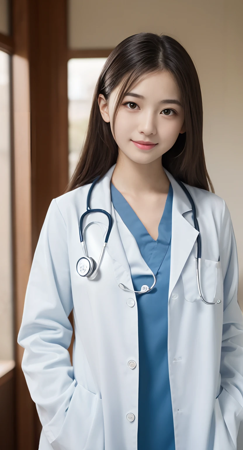 (top-quality、masterpiece:1.2)、Best Quality、realisitic、photoshot、hight resolution、1080p、8K、Textured skin、Physical Rendering、1 Japan Girls、High 、kawaii、Young Face、Rolled hair、(doctor:1.5)、hospitals、pretty pose、full of shyness、smil、Big