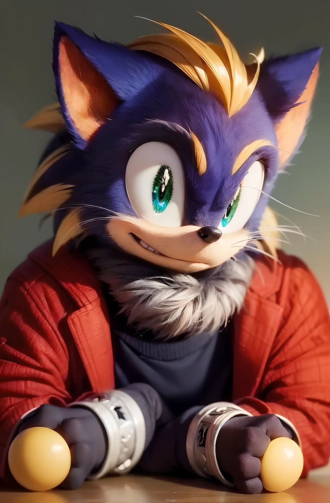 masculino, Sonic, the red hedgehog with golden eyes, arms crossed, staring straight ahead;, usando jaqueta, estilo anime --auto --s2